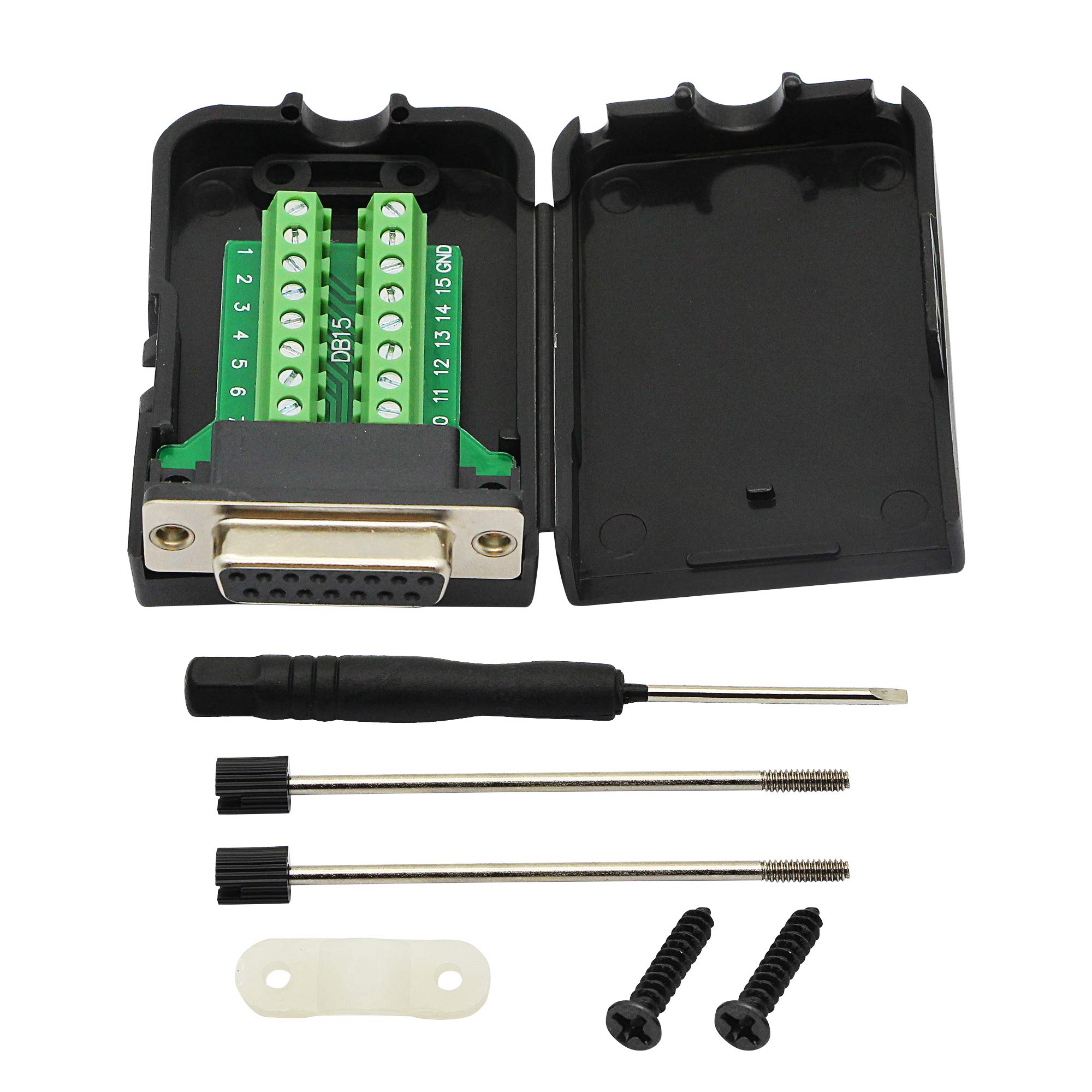 CERRXIAN DB15 Breakout Connector, DB15 D-SUB Female Solderless Serial to Screw Wiring Terminal Signal Module Breakout PCB Board with Plastic Case &