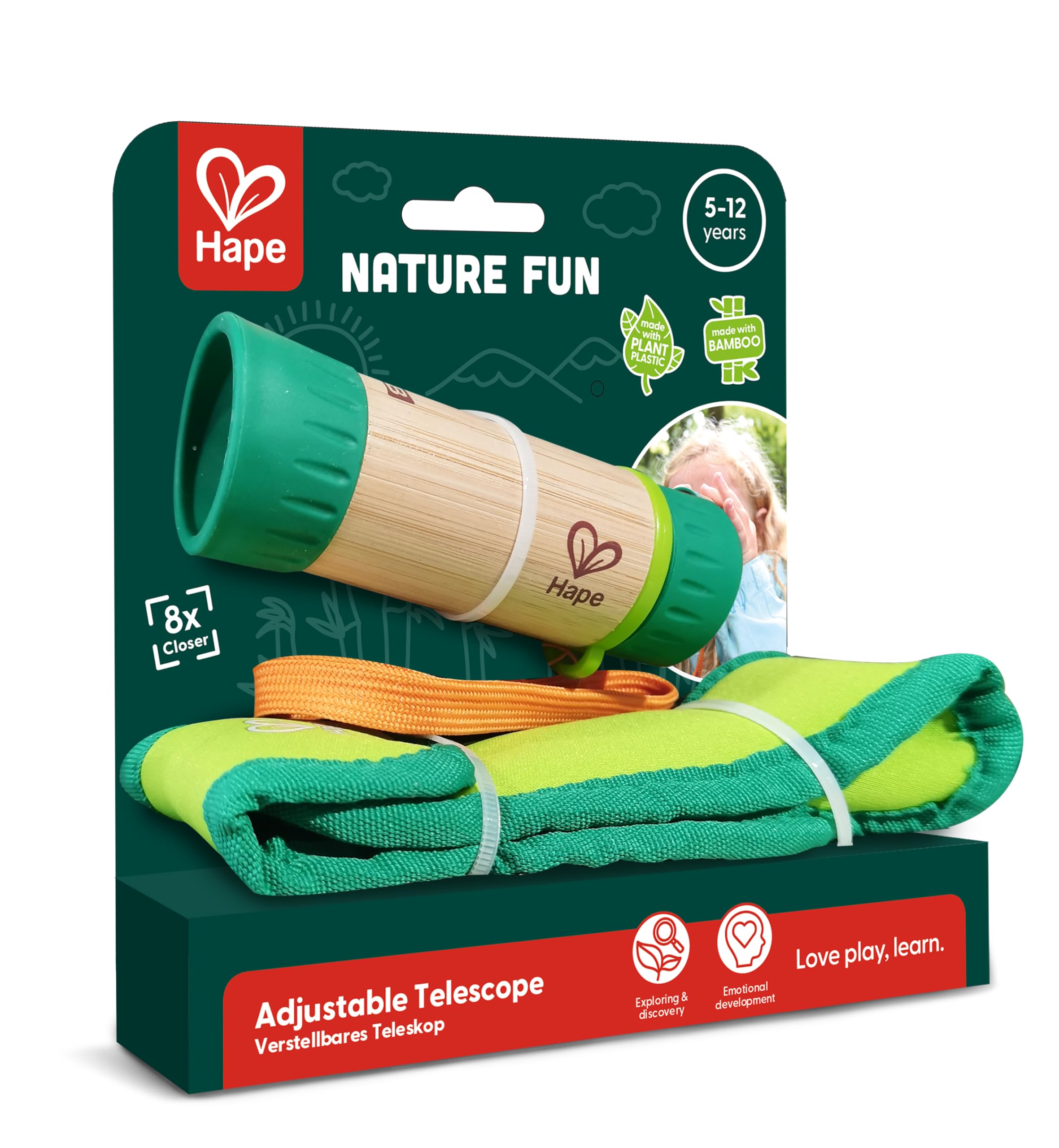 Hape Télescope Monoculaire Zoom 8X - Enfant de 5 Ans et Plus - Fabriqué en Bambou et Plastique Végétal - Télescope Enfant Portable et Réglable pour Explorer la Nature - Jouet de Plein Air Nature Fun