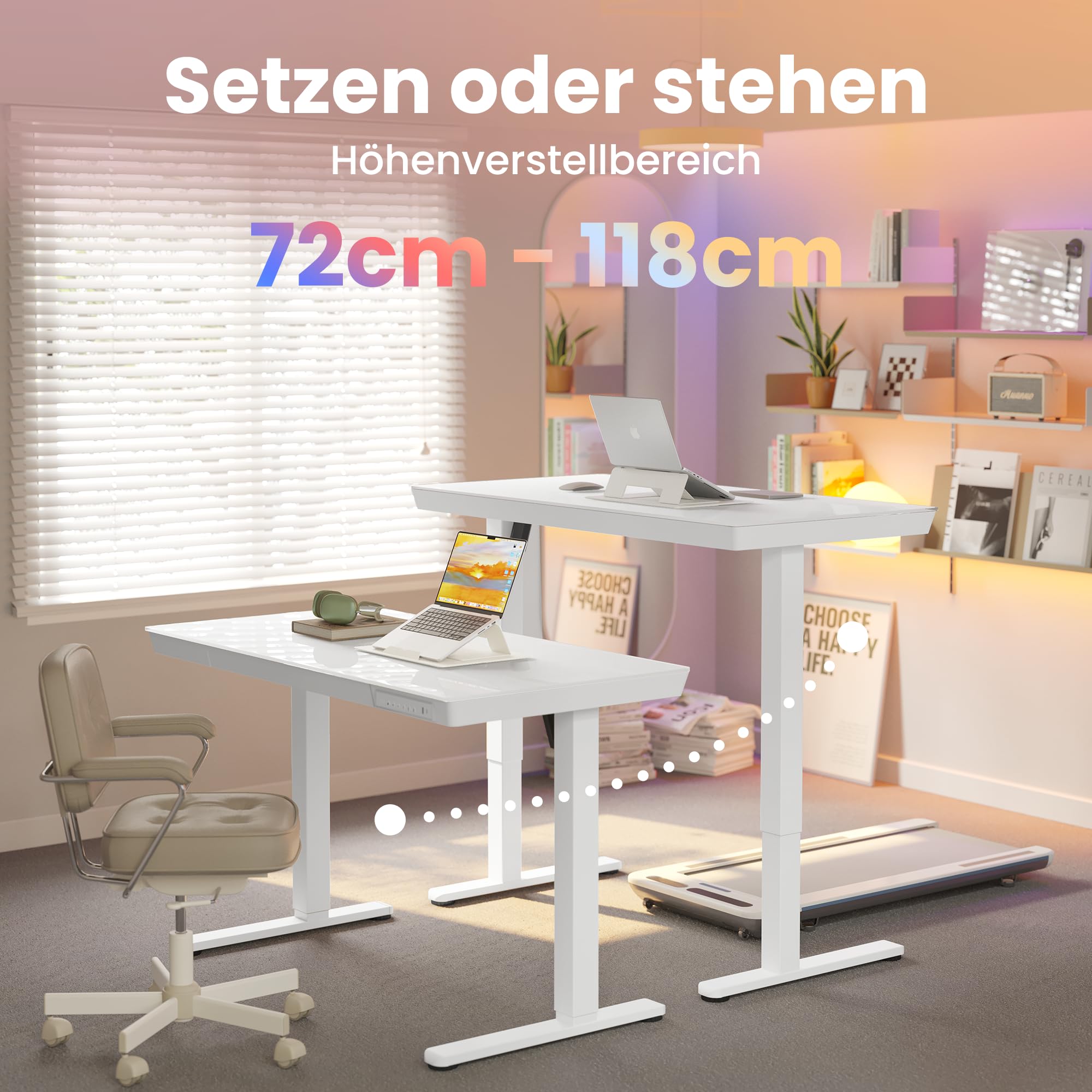 HUANUO 88 x 50 cm Glas Höhenverstellbarer Schreibtisch mit Schublade, Höhenverstellbarer Schreibtisch Ganze Tischplatte, USB-Aufladeanschluss und 3 Memory-Funktion, Weiß