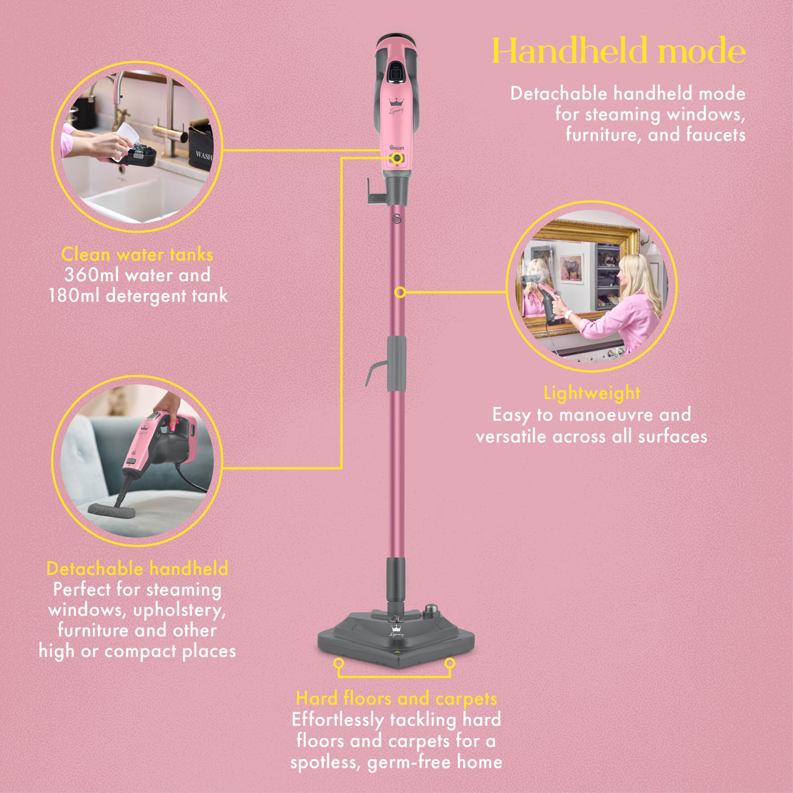 Swan SC30131QOC - Escoba de vapor (16 en 1, con 3 ajustes de vapor, 16 accesorios, función de mano extraíble y cable de alimentación de 5 m, color rosa