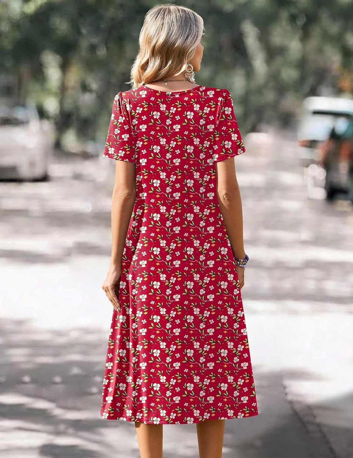 Zeagoo Summer Dress for Women Casual Floral Midi Sundress with Pockets V Neck Pleated Short Sleeve Aline Beach Vacation Dress - Image 6