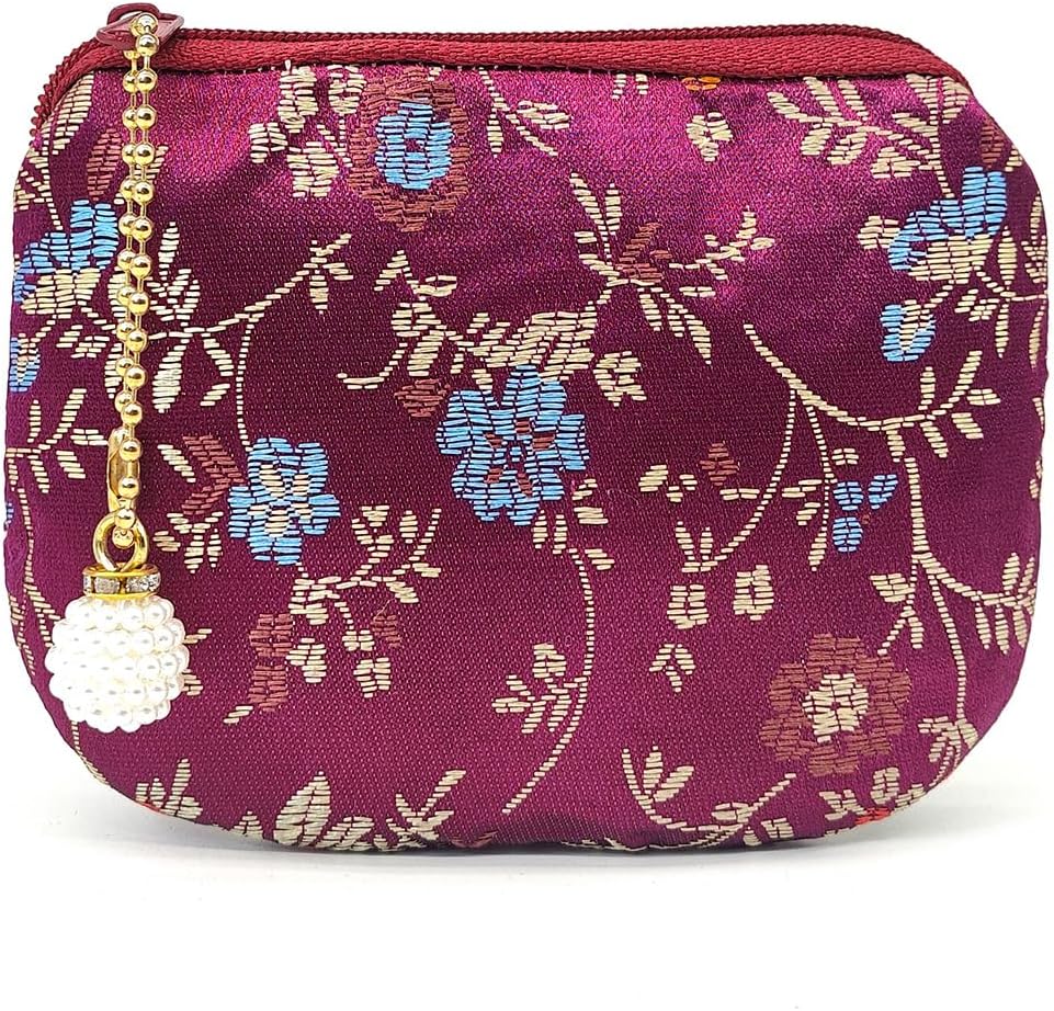 Handmade Women Coin Purse Brocade Zipper Wallet Rosary Pouch Silk Jewelry Bag - Plum