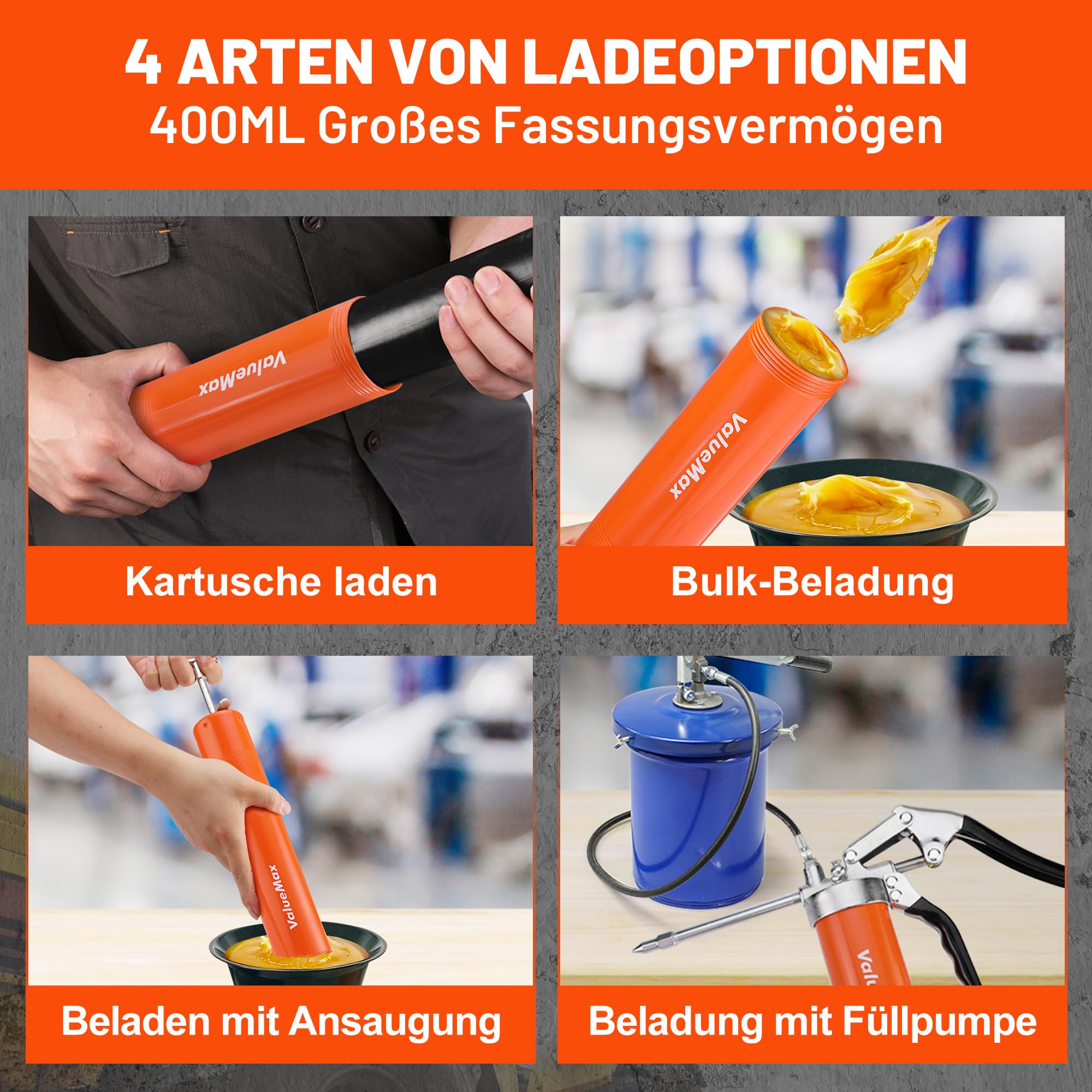 ValueMax Fettpresse 6000 PSI, Hochdruck-Handfettpresse mit 24/45 cm flexiblem Schlauch, Fettpresse für 400 ml Kartusche, inklusive 2 Metallrohre (11/14,5 cm) und 5 Düsen