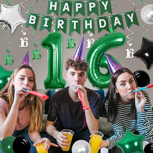 Miniatura 4 de Cheereveal Decoraciones de cumpleaños número 16 para niños, color verde, suministros de fiesta de feliz cumpleaños con espirales colgantes, pancarta