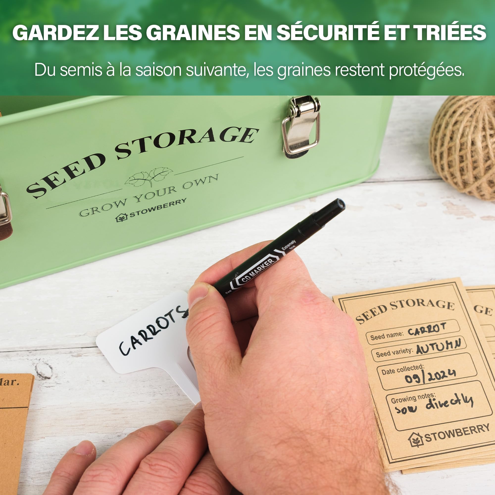 Boîte de Rangement pour Graines – Boîte à Graines Verte avec Couvercle, Poignées, 4 Compartiments – Boîte à Graines pour Jardiniers, Idée Cadeau avec Plus de 100 Accessoires