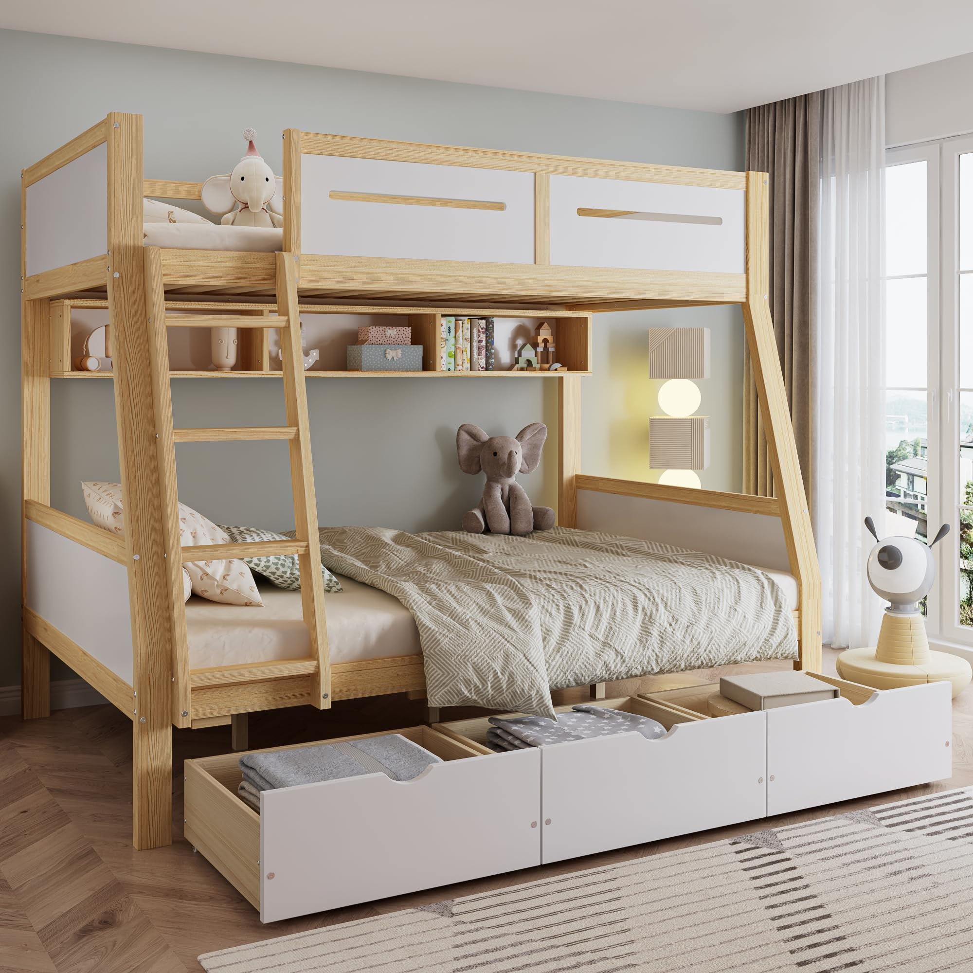 Lettino a castello, 90 x 200 cm e 120 x 200 cm, tre cassetti con ruote, 2 m, recinzione sicura su quattro lati e scala a pioli, pino + MDF + compensato, bianco e naturale