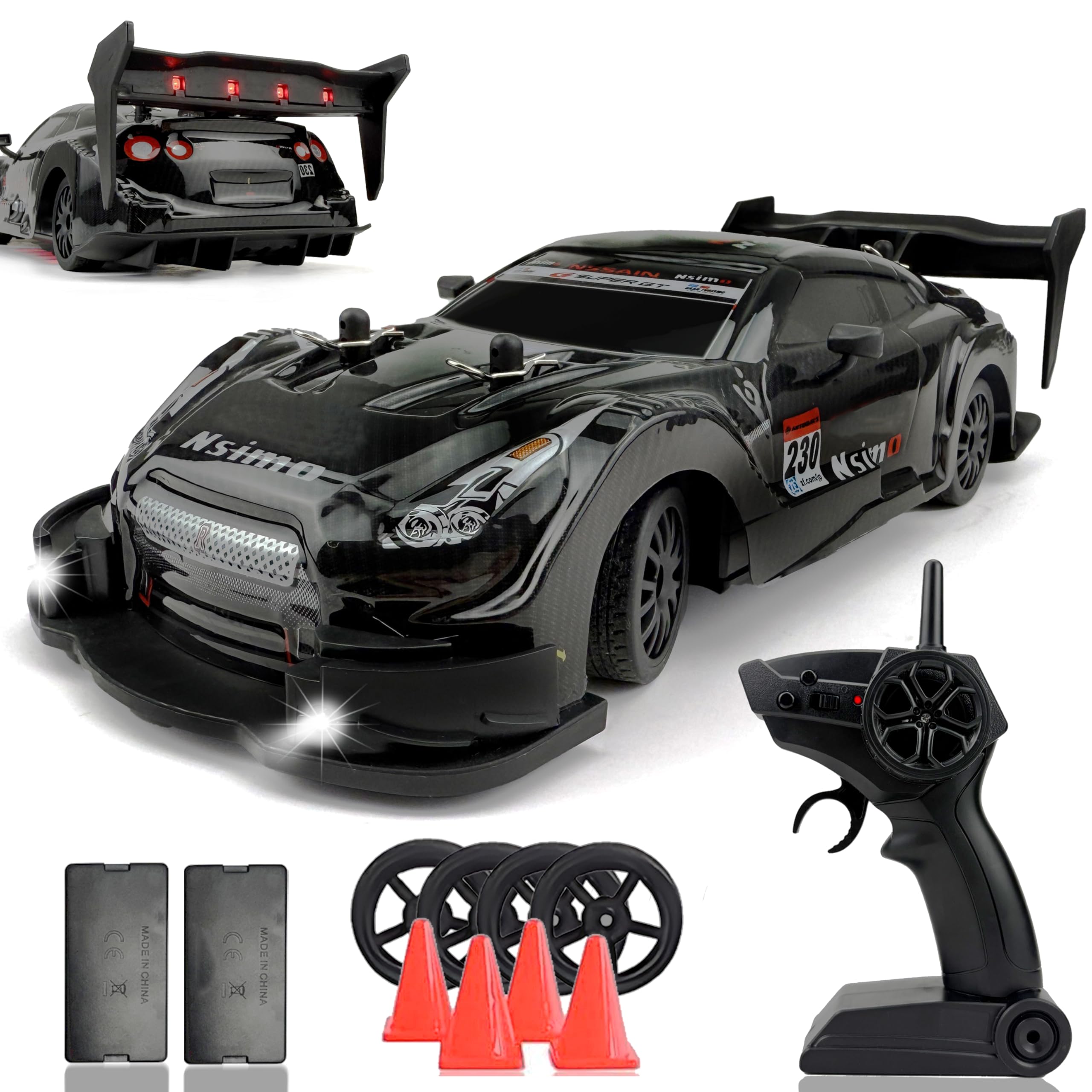 HTURCCOP 1:20 RCドリフトカー 2.4GHz 4WD 高速ドリフトリモートコントロールカー LEDライトとドリフトタイヤバッテリー付き車両 x2 レーシングスポーツおもちゃ車 大人 男の子 女の子 キッズ (ブラック1:20)