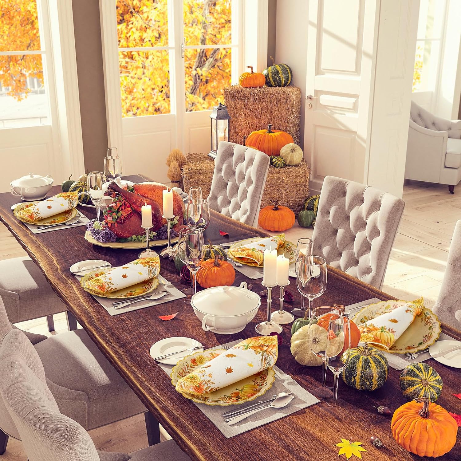 Havawish 96 Pcs Thanksgiving Paper Plates and Napkins Set Serve 48, 7 Inch Fall Plates and Napkins Fall Party Supplies Disposable Pumpkin Maple Leaves Autumn Dinnerware Decoration