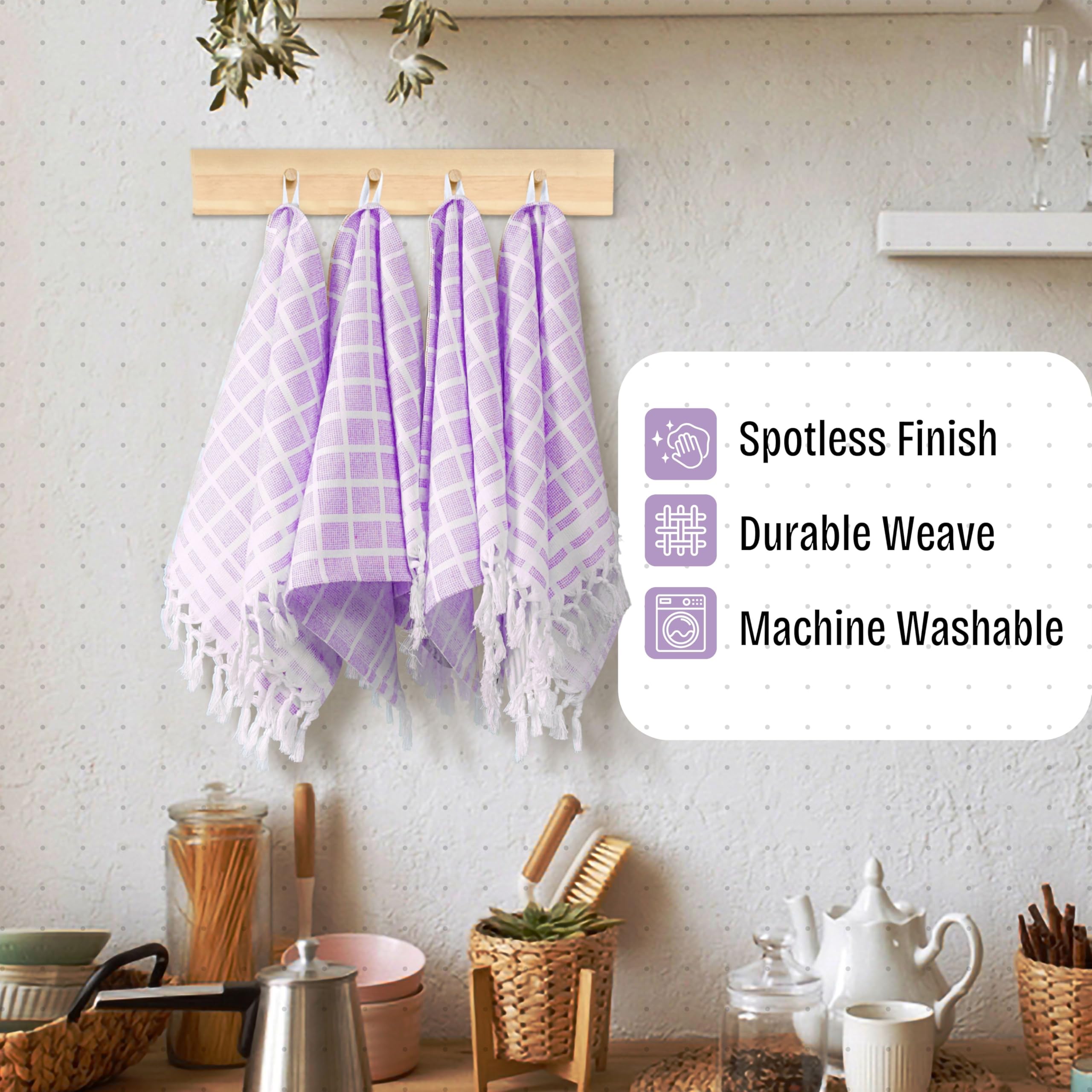 Asciugamani a matrice punteggiata bianca e lavanda 12 pezzi, 100% cotone, 40,6 x 66 cm, asciugamani decorativi con nappa, riutilizzabili, ad asciugatura rapida e assorbenti per uso in