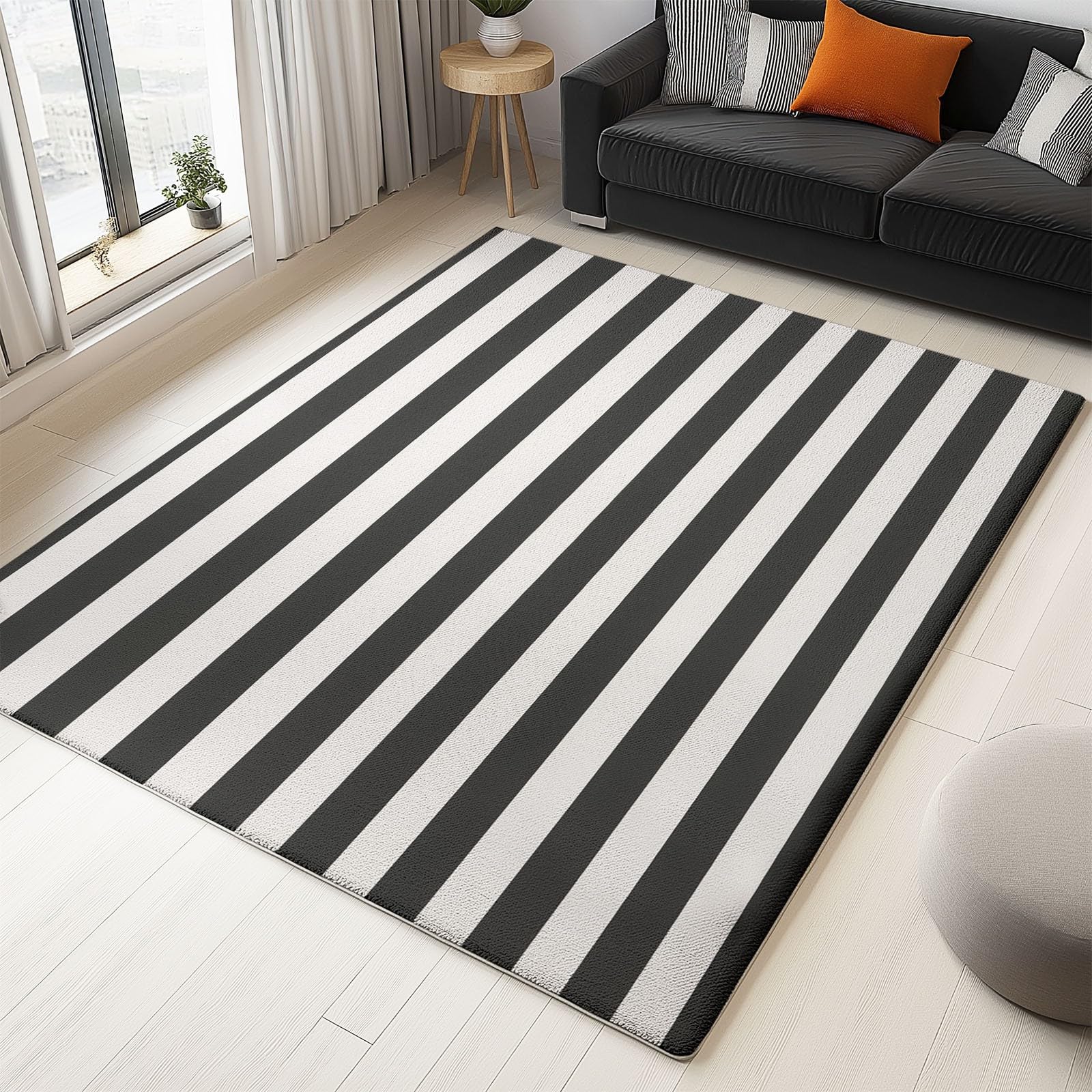 Tapis Lavable en Machine 140 x 200 cm Élégance Moderne Horizontale Et Rayée Tapis Poils Courts Anti-Poussière – Design Élégant et Antidérapant – Parfait pour Salon, Chambre et Couloir, Noir Et Blanc