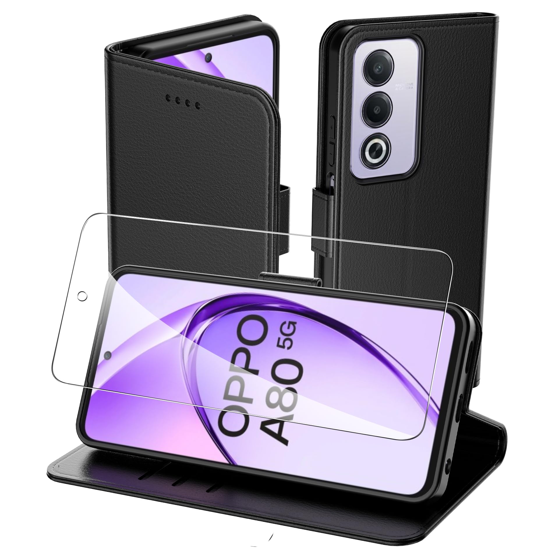 Aiziki Custodia per Oppo A80 5G +1 Vetro Temperato, Copertura Protettiva in Pelle PU Premium, Pieghevole, Aspirazione Magnetica, Prevenzione Delle Cadute, Carta Fessura - Nero