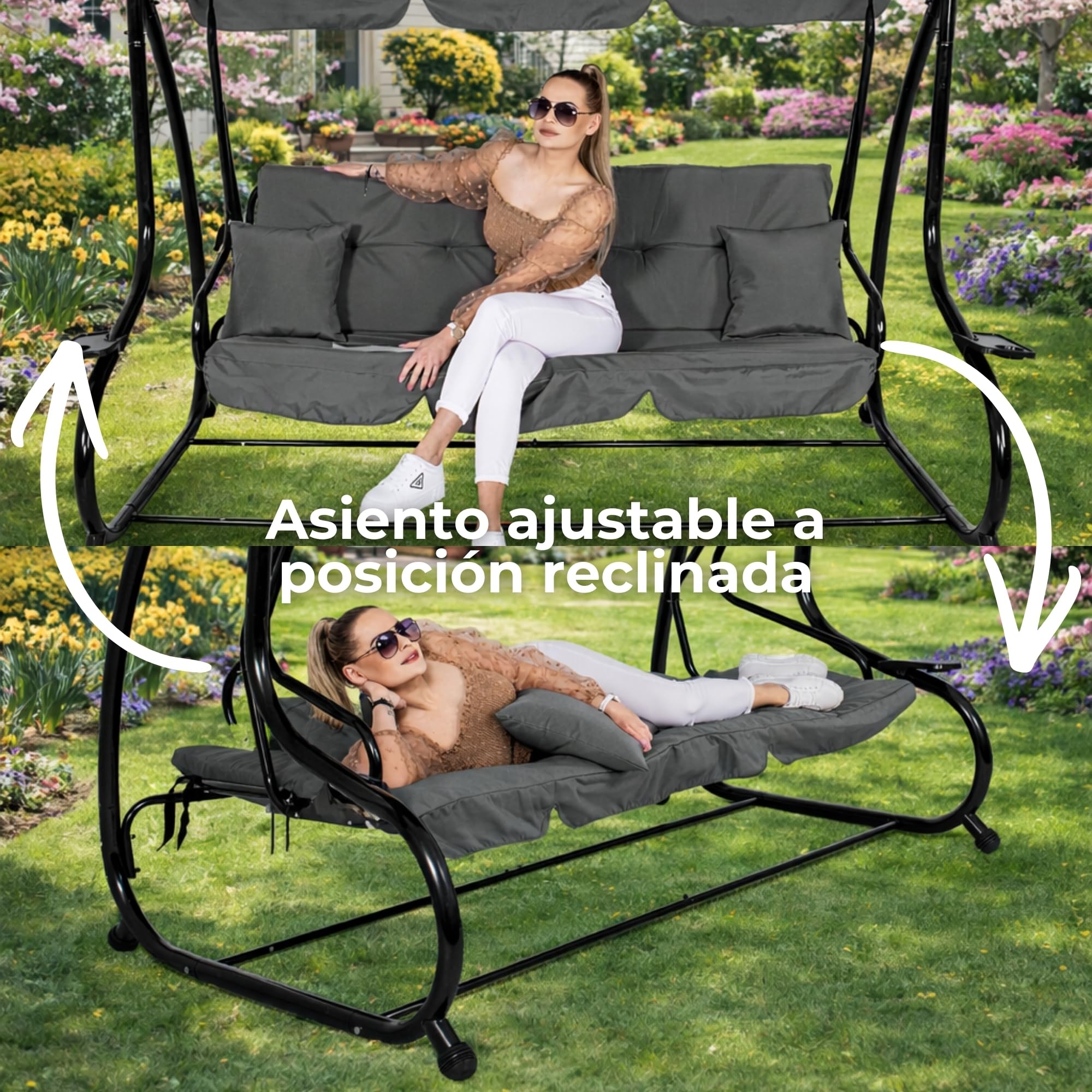 SPRINGOS Columpio de jardín de 4 plazas, 220 x 162 cm, con 2 cojines, soporte para bebidas y función reclinable, resistente a la intemperie para jardín, balcón y terraza