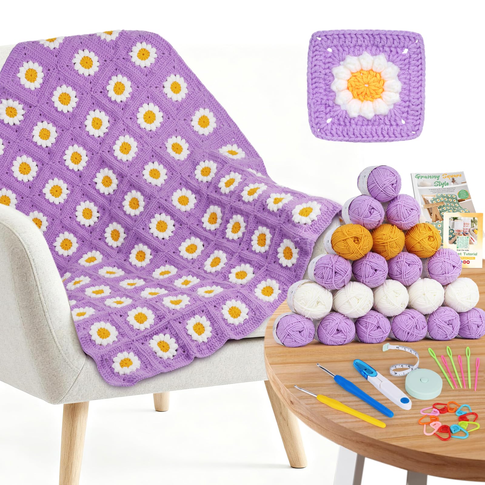 Aeelike Crochet Kit for Beginners, Daisy Granny Square Blanket Crochet Kit