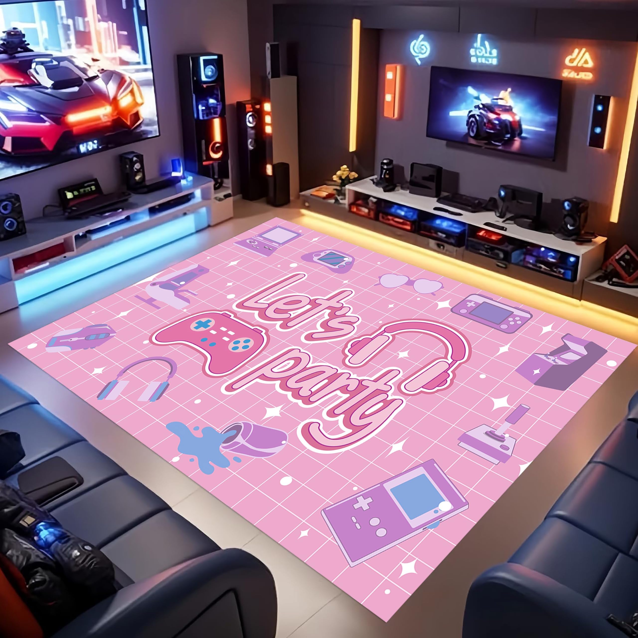 Houient Gaming Rugs for Game Room, 60x110cm, Pink Checkered Gaming Accessories Game Consoles Designs Print Area Rug, Soft Premium E-Sports Girls Room Decor Mat for Playroom Relax Room