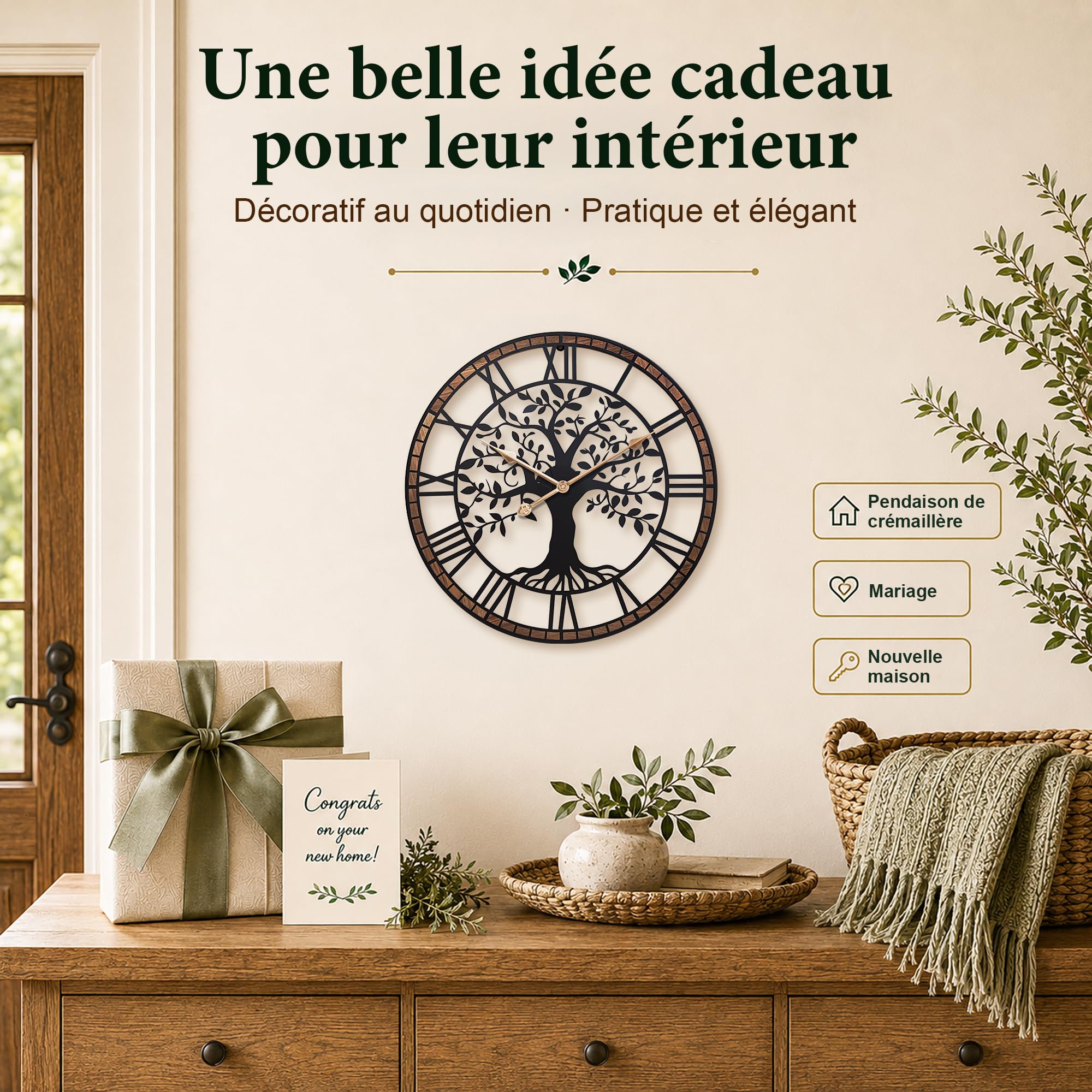 Horloge Murale Design Moderne 40 cm, Horloge Murale Arbre de Vie