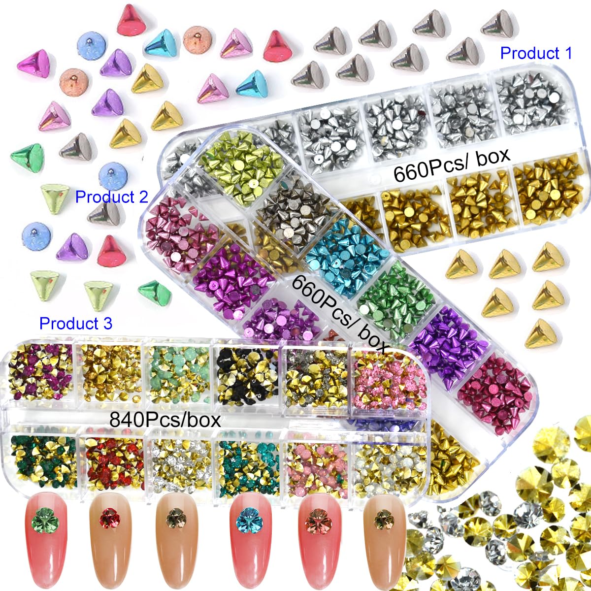 3 Boxes 2160 Pcs Metal Rivet Cone Spikes Rhinestones Nail Charms 10 Pcs 4.5 Inch Orange Sticks for Nails Accessories Alloy Studs Crystal Rhinestone Nail Studs for DIY Decor