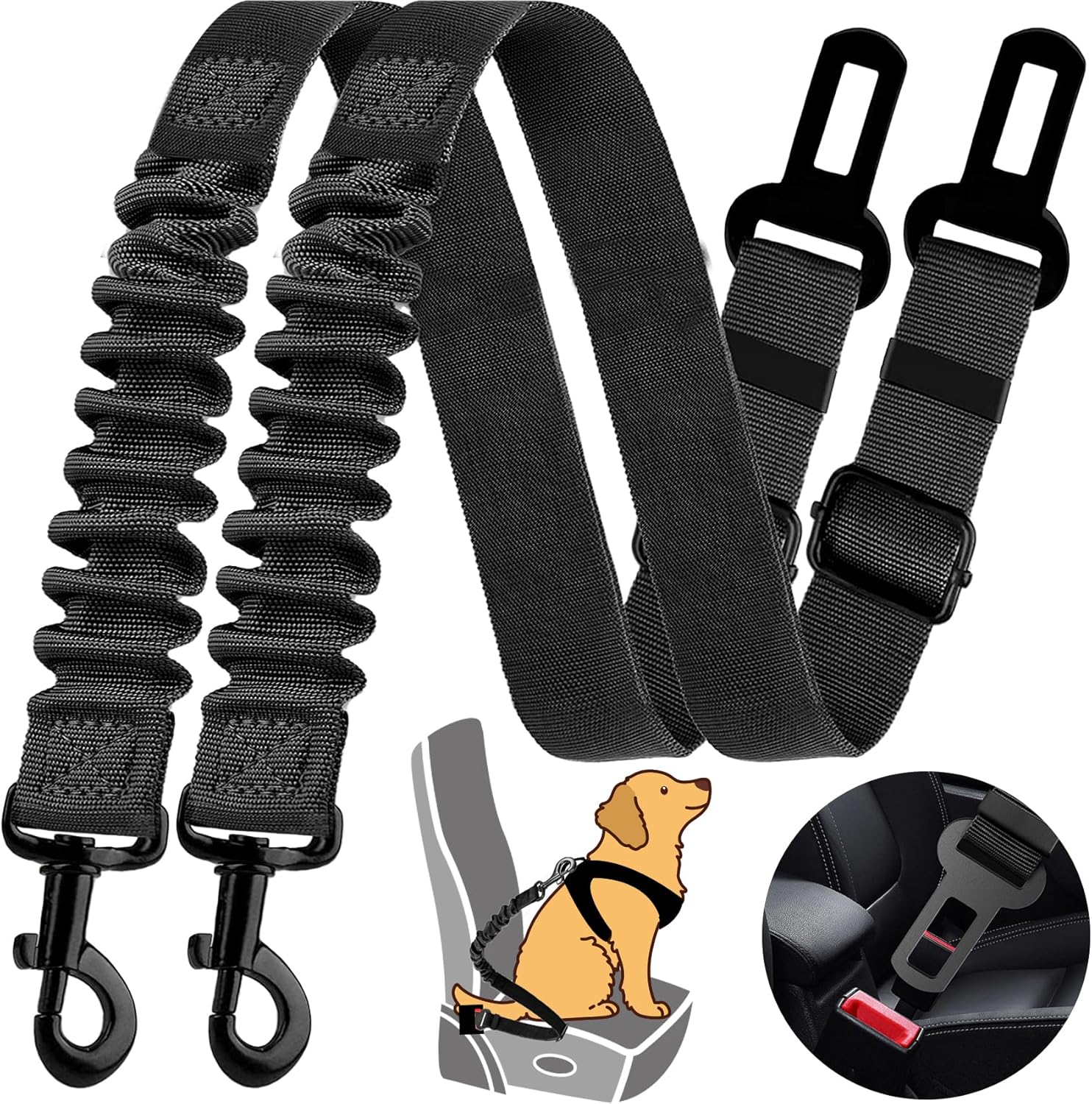 Adjustable 2-Pack Retractable Dog Seat Belt & Durable Harness