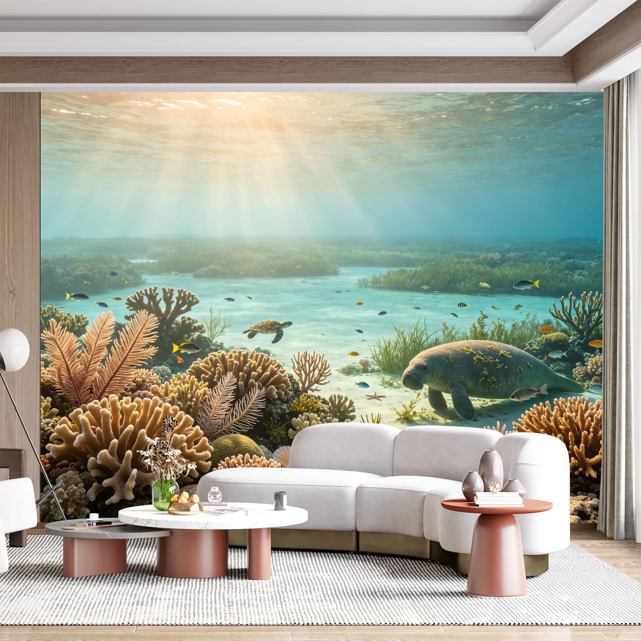 Custom Size Wall Mural Underwater Coral Reef Manatee Ocean Marine Seascape Wildlife Tropical Fish SelfAdhesive Wall Fabric Removable for Home Office Decor