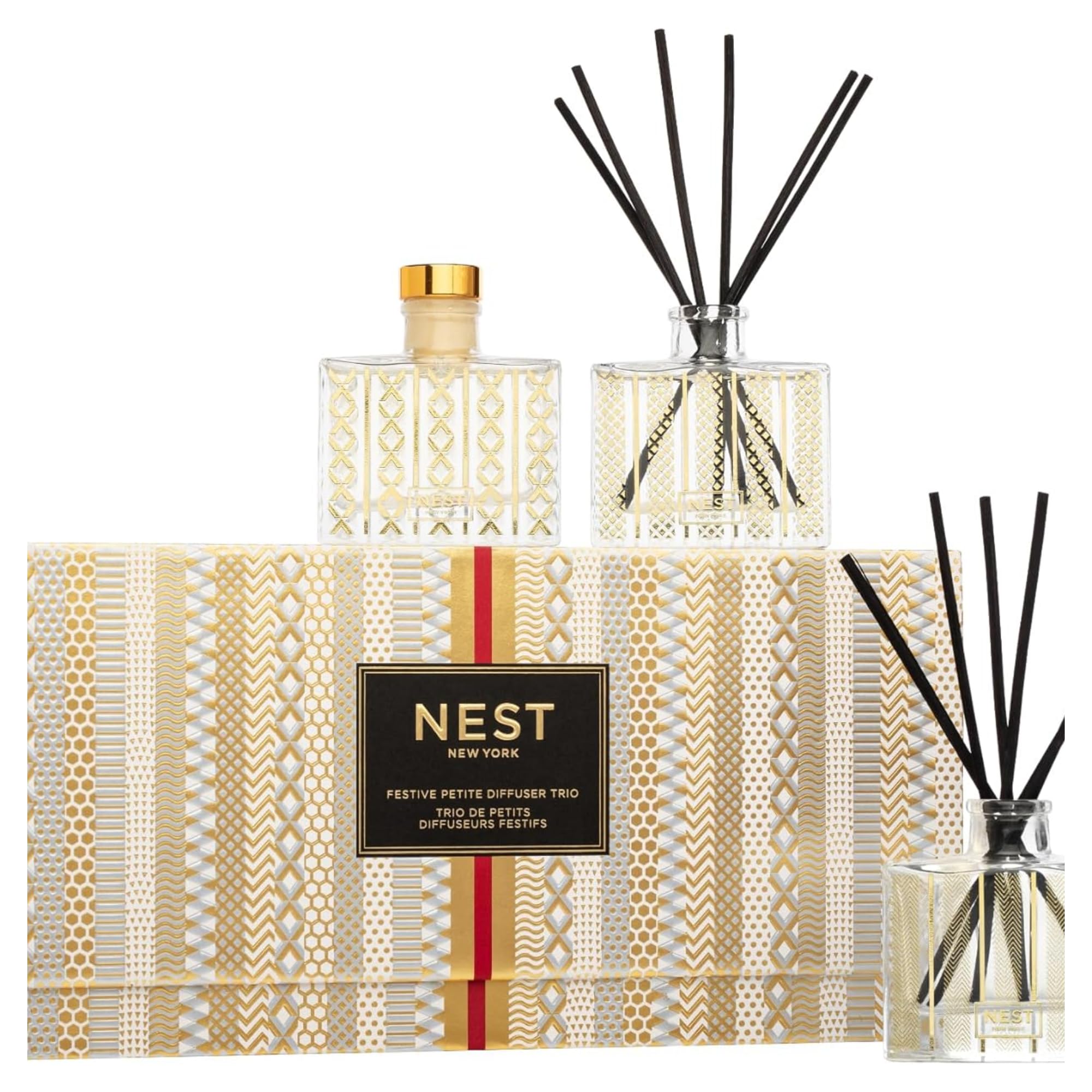 NEST New York Festive Petite Diffuser Trio - 1.3 fl oz Each - Includes Holiday, Birchwood Pine, and Blue Cypress & Snow - Fragrance for Up to 90 Days - Includes All-Natural Reed Sticks - Flame Free