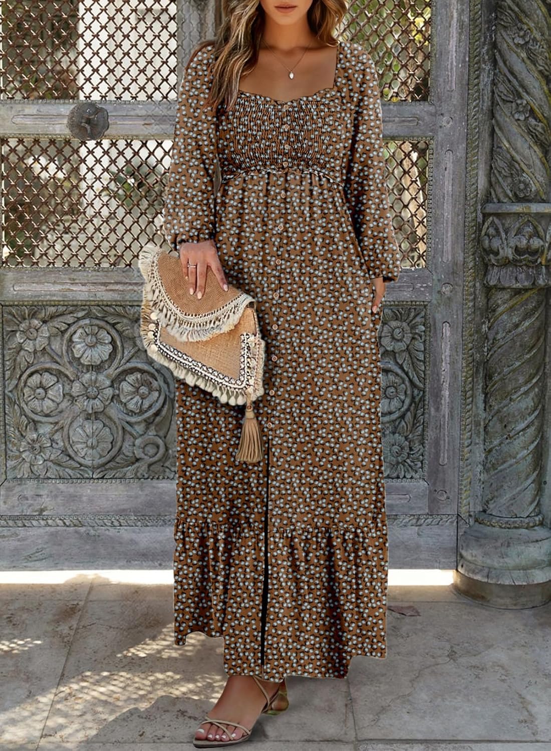 Dokotoo Womens Dresses Spring Summer 2026 Boho Floral Smocked Empire Waist Square Neck Long Sleeve Button Beach Maxi Dress - Image 3