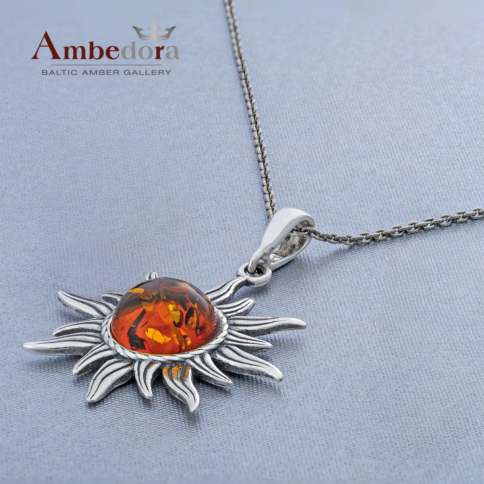 Collar de mujer con ámbar y ámbar de plata de ley oxidada, ámbar báltico redondo en color coñac, colgante de plata con cadena