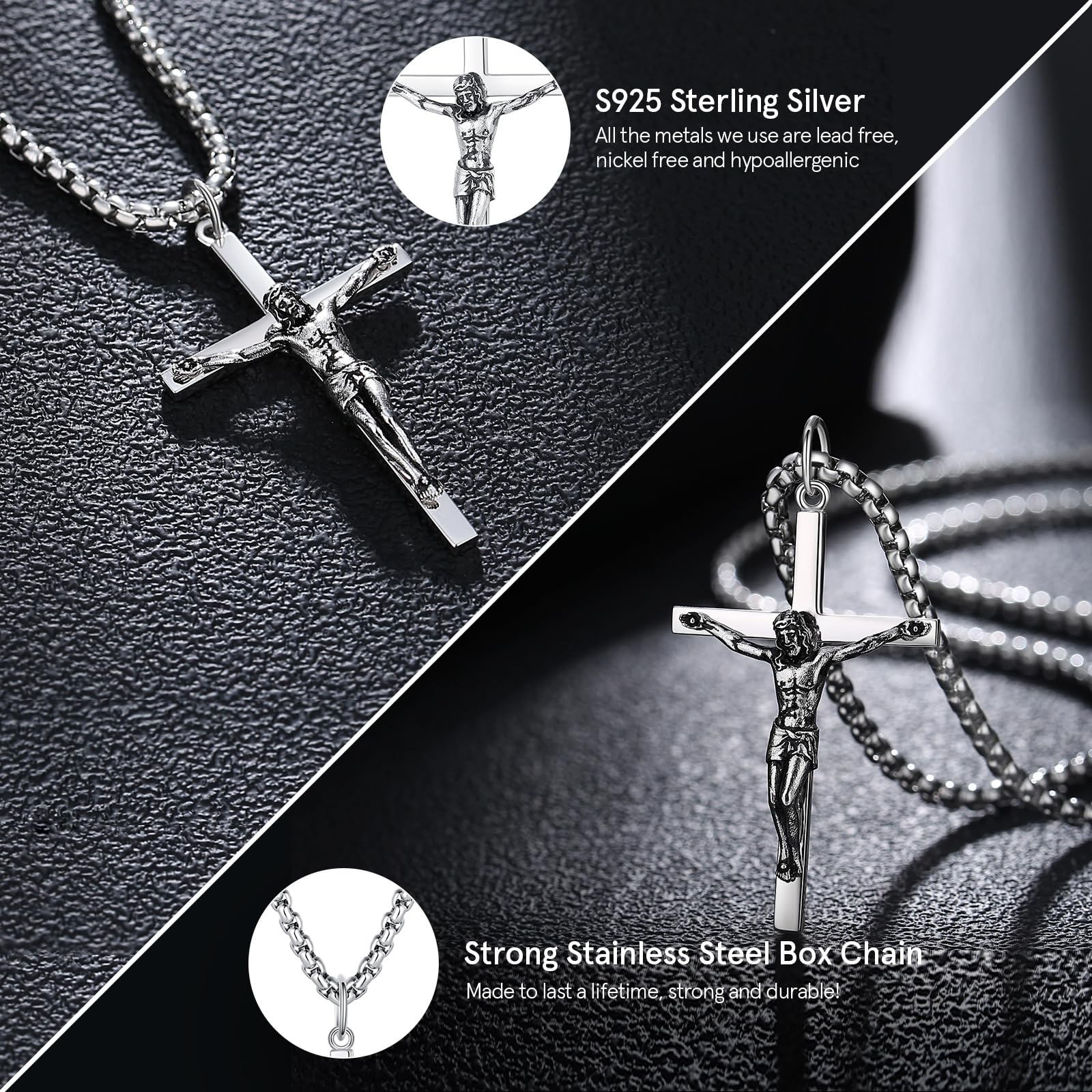 FANCIME Jesus Kruzifix Kreuz Kette 925 Sterling Silber Weiß/Gold Vergoldet Kreuz Anhänger Edelstahl Kette für Herren Jungs Kinder - Kettenlänge: 60 cm