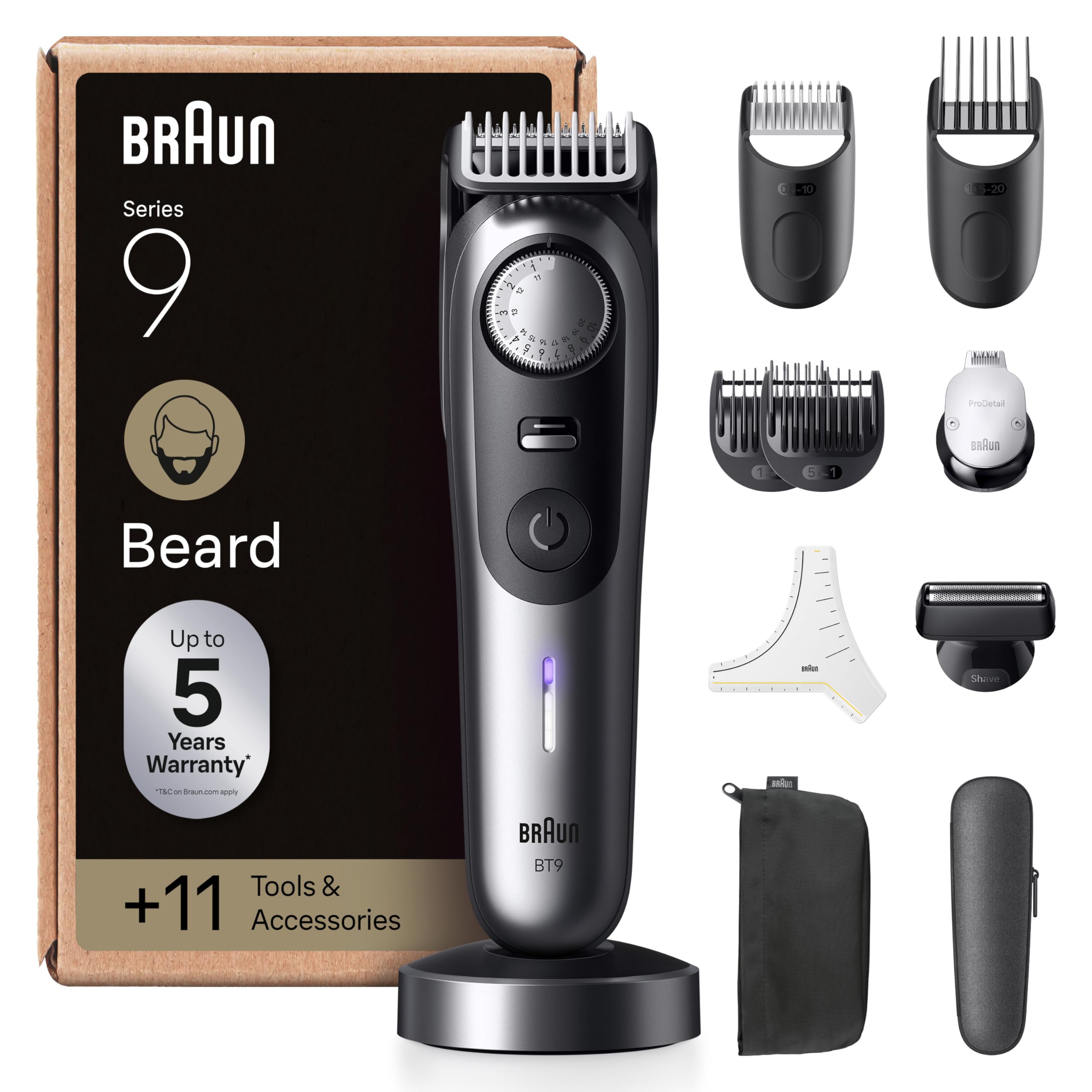 Braun Series 9 Men's Beard Trimmer, Electric Beard Trimmer Braun, +11 Barber Tools, ProBlade Blade Sharpened to Life, 180 Min, Precision Selector with 52 Lengths, Waterproof, BT9545, Chrome