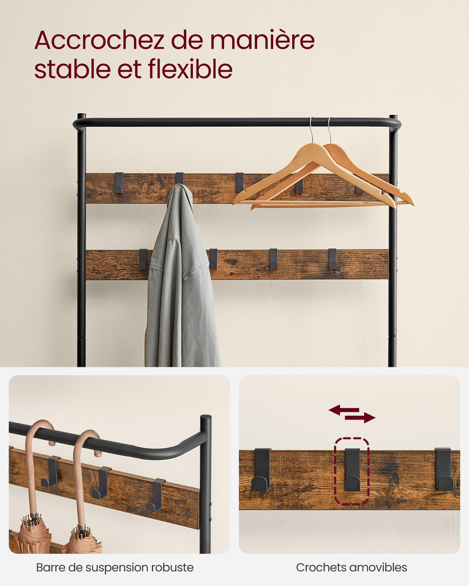 VASAGLE Porte-Manteau Industriel Avec Banc, Miroir & Étagère Chaussures – 35x98x180 Cm, Marron Camel & Noir, Style Loft