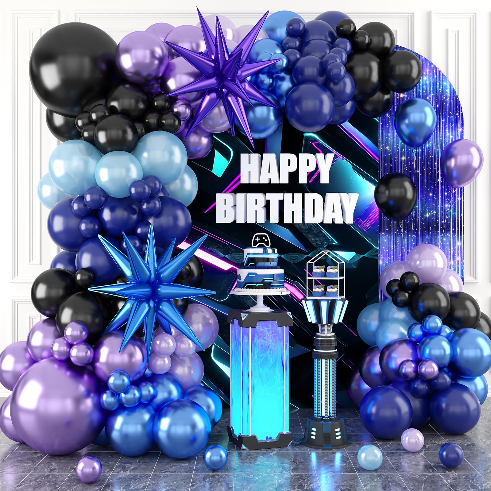 Black Purple Blue Balloon Arch Garland Kit, Metallic Blue Purple Balloons Kit with Stars Foil Balloon for Video Game Theme Party Birthday Baby Shower Engagement Decor Supplies