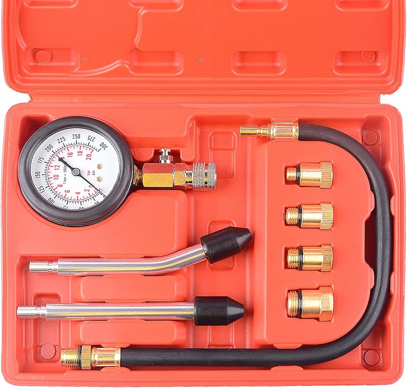 DAYUAN Kompressziómérő Készlet Autómotorokhoz - M10, M12, M14, M18 Adapterekkel, 0-20 bar/0-300 psi Mérési Tartomány, Piros