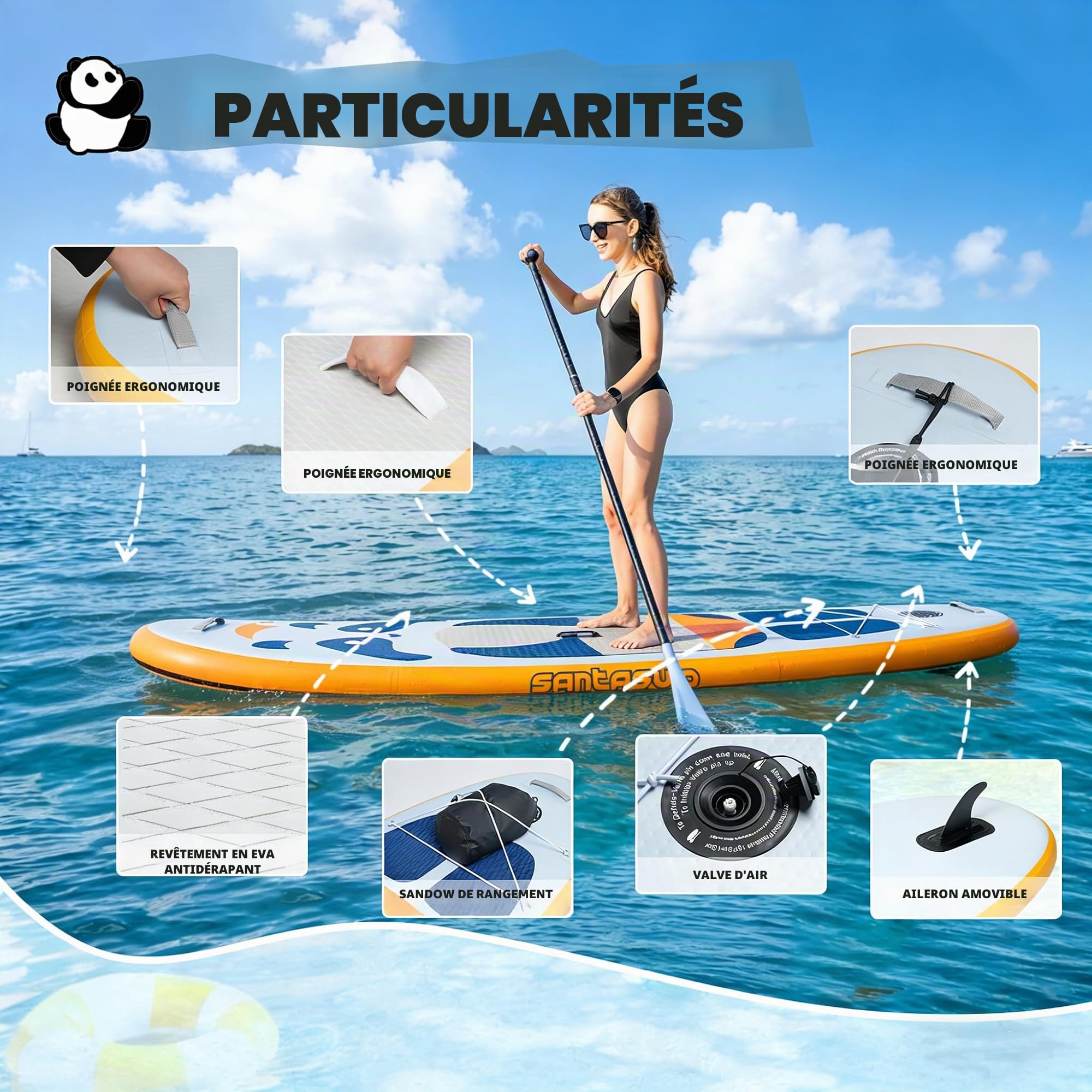 Planche à Pagaie Gonflable Santasup Pour Enfants – 2,4 M, Motif Panda Bleu, PVC/EVA Antidérapant, Légère, Avec Pompe Et Accessoires