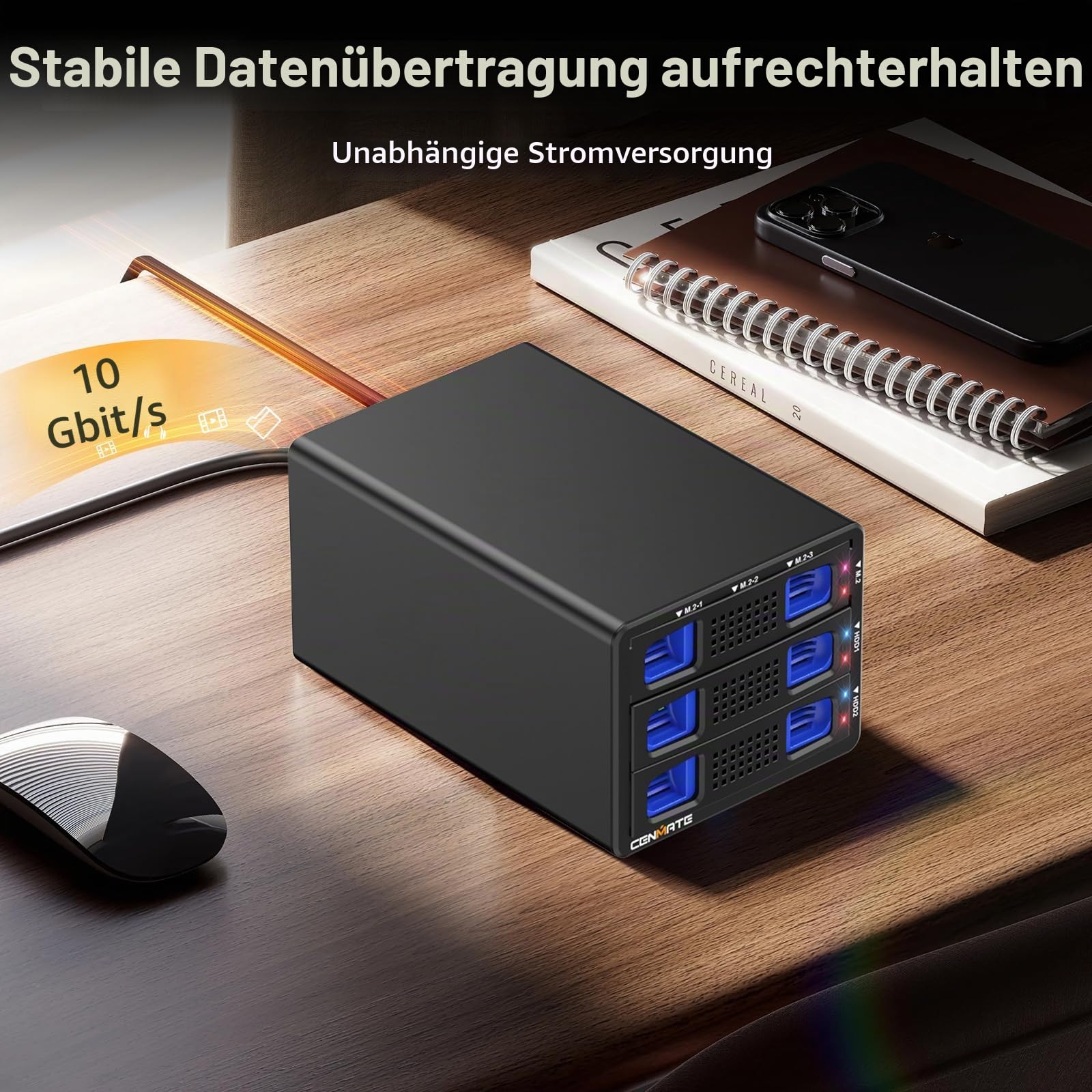 CENMATE Hybrid 5 Bay 3.5/2.5" SATA HDD/SSD + M.2 NVMe Gehäuse mit Lüfter, USB3.2 Gen2 10Gbps Festplattengehäuse unterstützt M / B+M Key 2230/42/60/80/110 SSD
