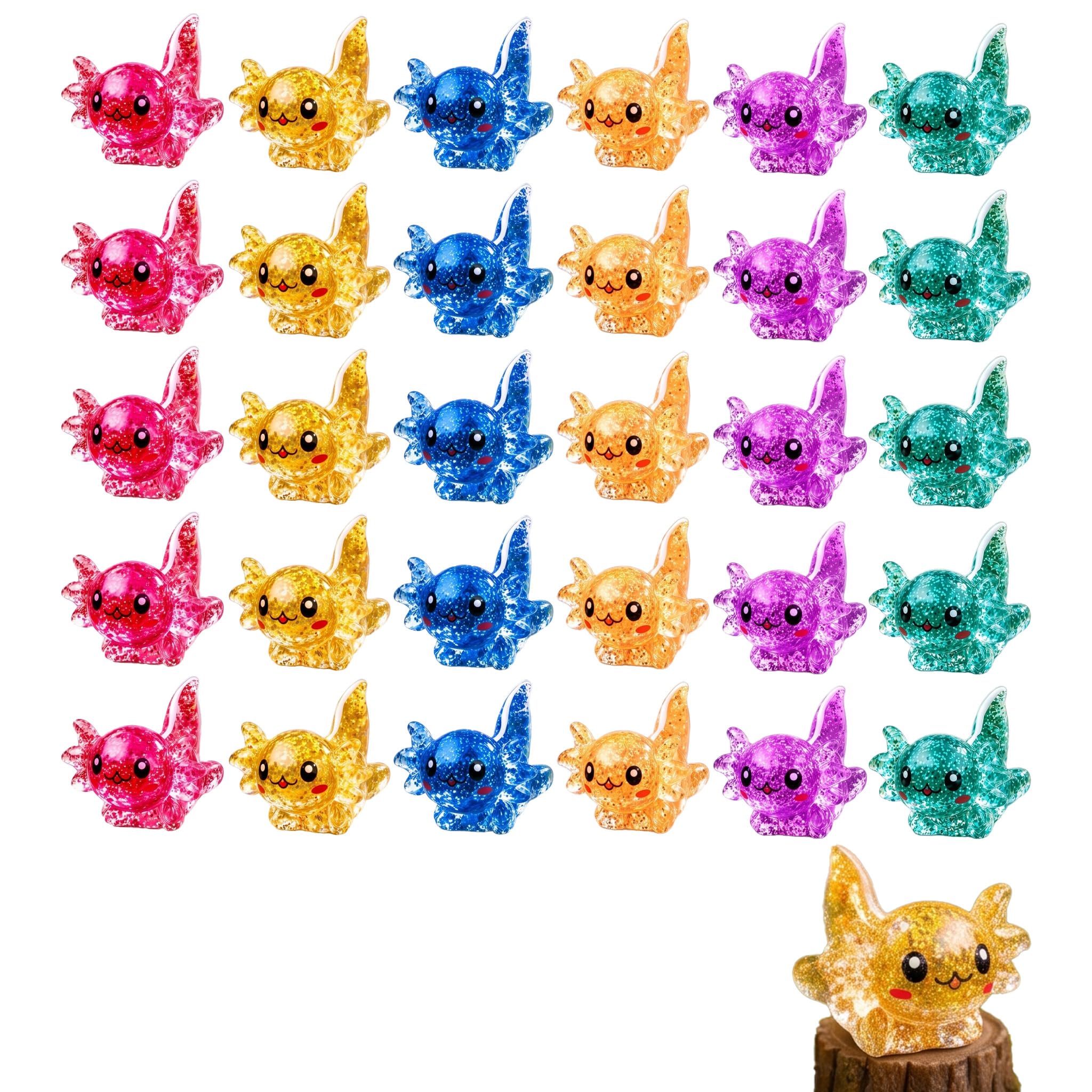 30 Pcs Mini Resin Axolotl Figures,Small Resin Animals,6 Bright Colors Glitter Axolotl Figurines for Fairy Garden,Aquarium,Dollhouse,Terrarium,Cake Decor,DIY Craft and Party Supplies