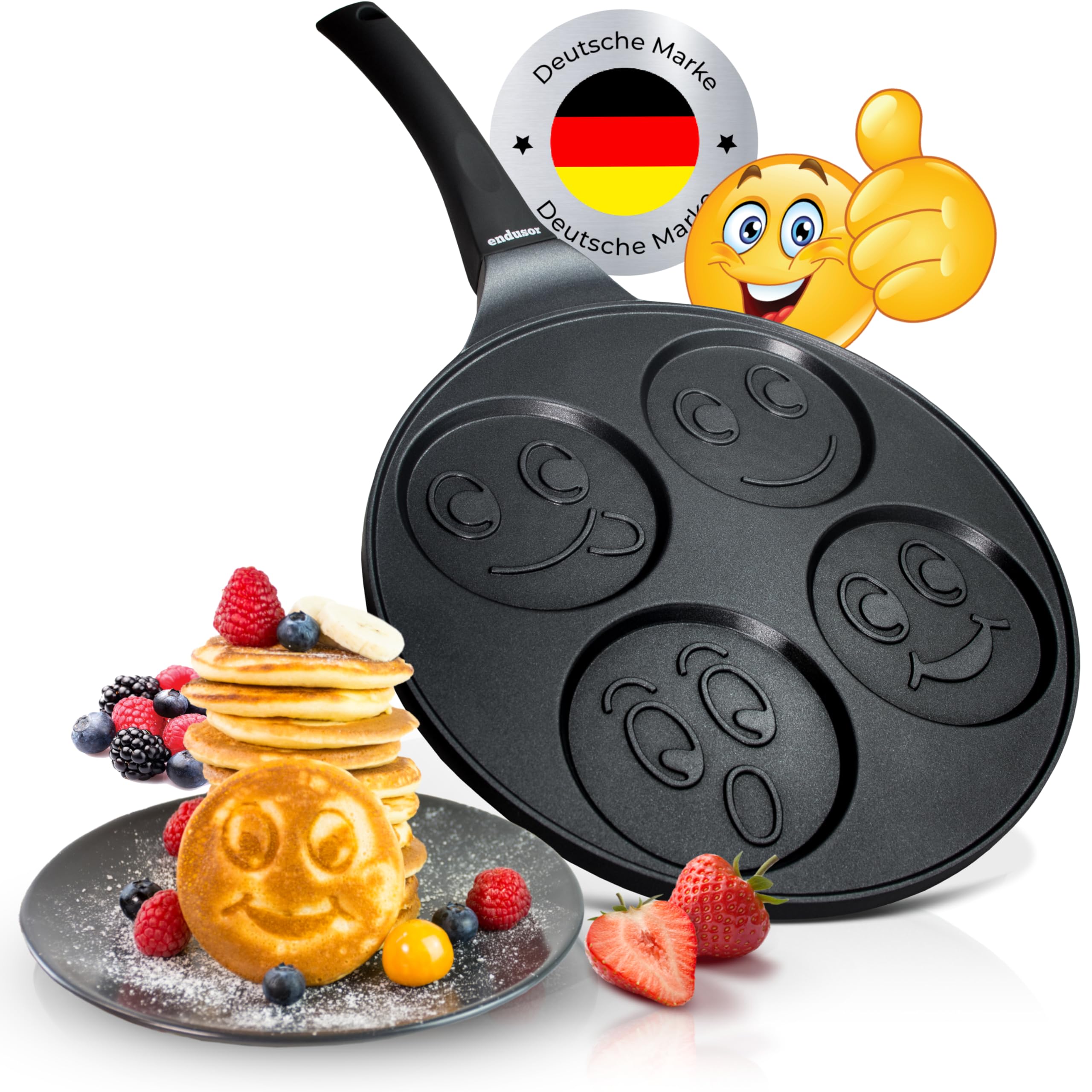endusor Pfanne für Pancakes mit Smiley für Kinder, Pancake Pfanne für Kinder mit Motiven