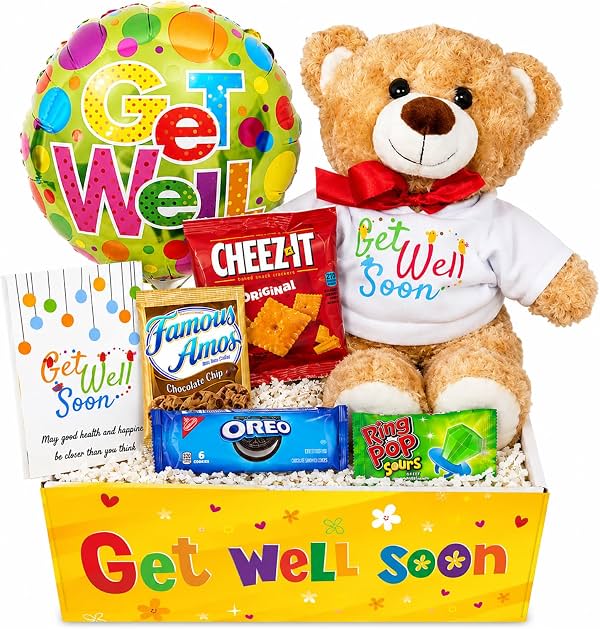 CANASTA DE REGALO PARA MEJORARSE, paquete de cuidado, con Osito de Peluche y Globo, Dulces y Bocadillos, tarjeta de felicitación para un niño enfermo. Regalo de recuperación para niño o niña, Mejórate pronto para casa u hospital