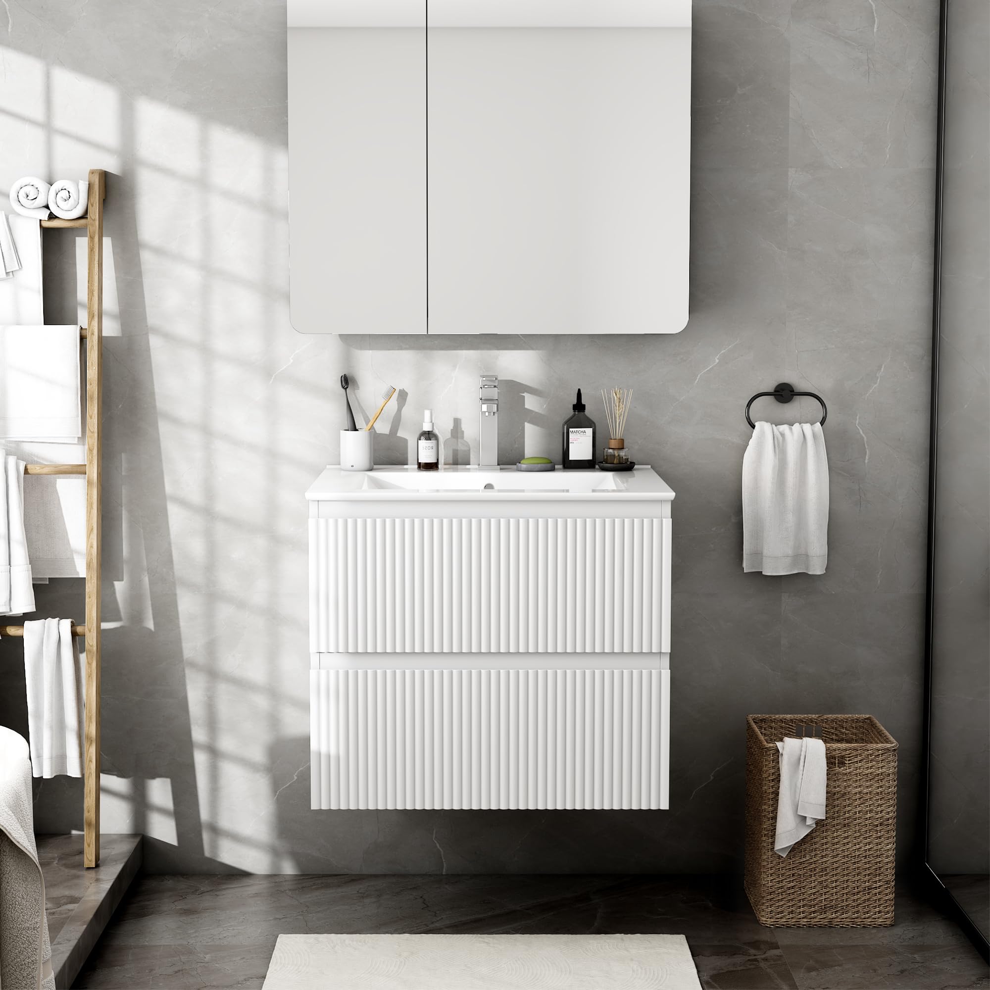 Waschtisch für Gäste-WC 60 cm, Hängender Waschbeckenunterschrank mit Keramik-Waschbecken, 2 Schubladen mit Rillenfront für kleine Bäder, Weiß