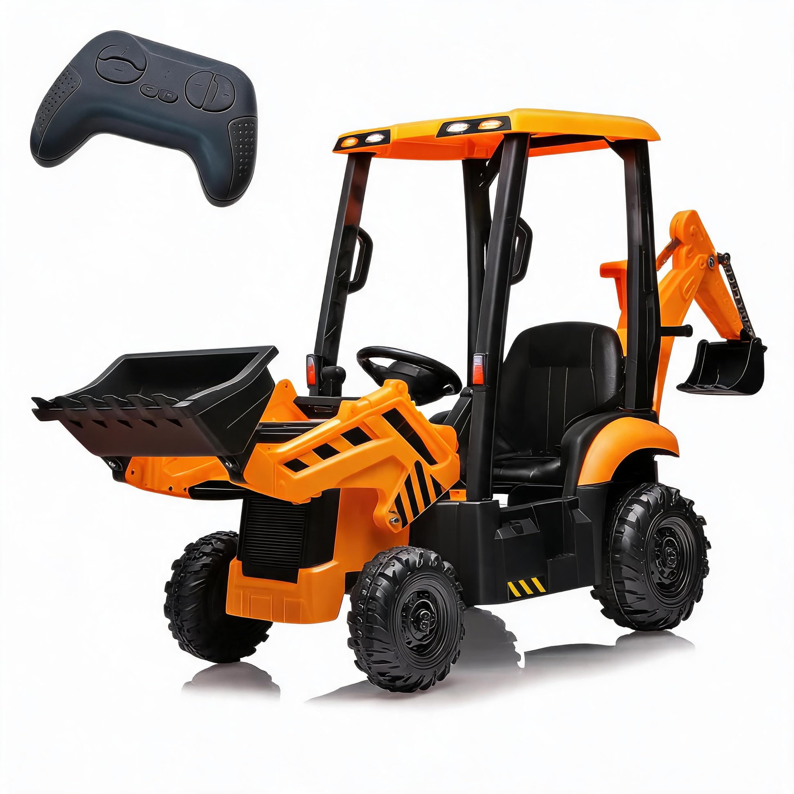 Garvee Escavatore Elettrico per Bambini 12V 4-in-1 con Doppio Motore | Trattore Escavatore con Ruspa, Benna Frontale, Tetto Rimovibile, Telecomando, Velocità 2–4 km/h, per Bambini 3+ Anni, Giallo