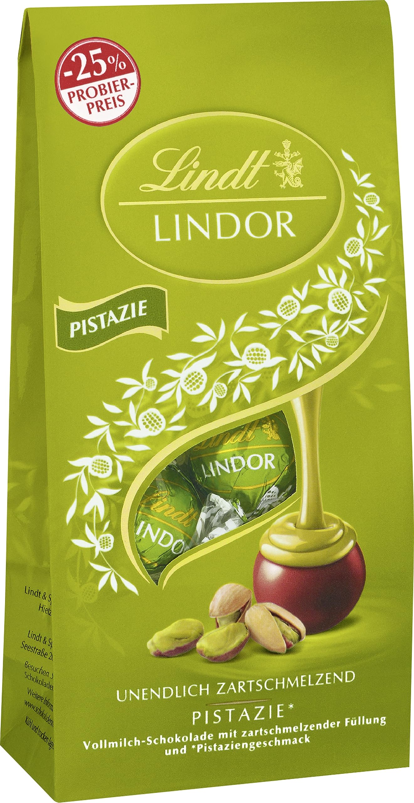 Lindt Czekolada LINDOR kulki pistacji, promocja | 137 g worek | ok. 10 kulek czekolady pełnomlecznej z delikatnie topiącym się pistacjowym wypełnieniem | prezent na pralinki | prezent z czekolady