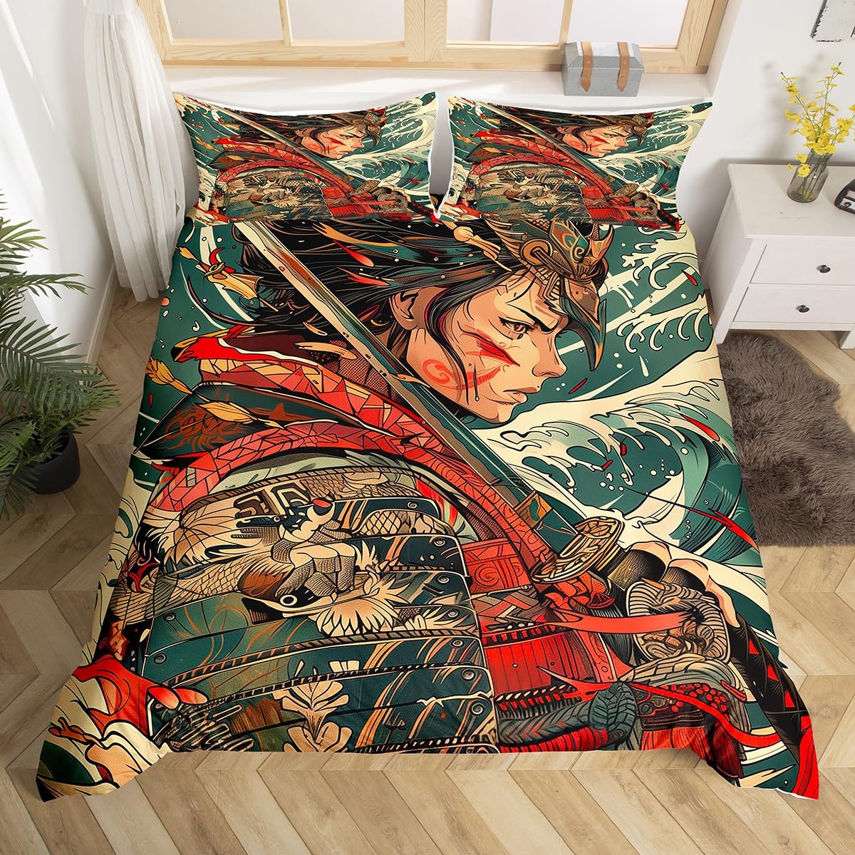 Homewish Samurai Comforter Cover Japanese Samurai Sword Bed Set, Asian Oriental Style Double Duvet Cover Vintage Ocean Wave Bedding Set, Eastern Anime Bedspread Cover (Zipper Closure)