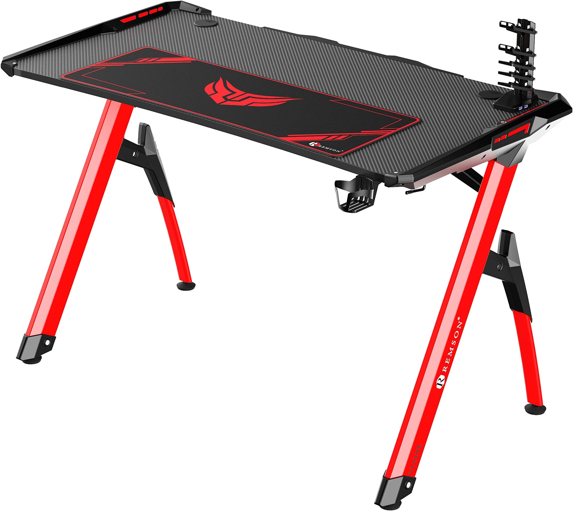 Remson Gaming Desk for Gaming Desktop Compatible with Playstation Xbox with RGB LED Gaming Desk Table for PC Gamer and Console with Mouse pad Cup Holder Controller Stand and Headphone Hook (D2 Red)