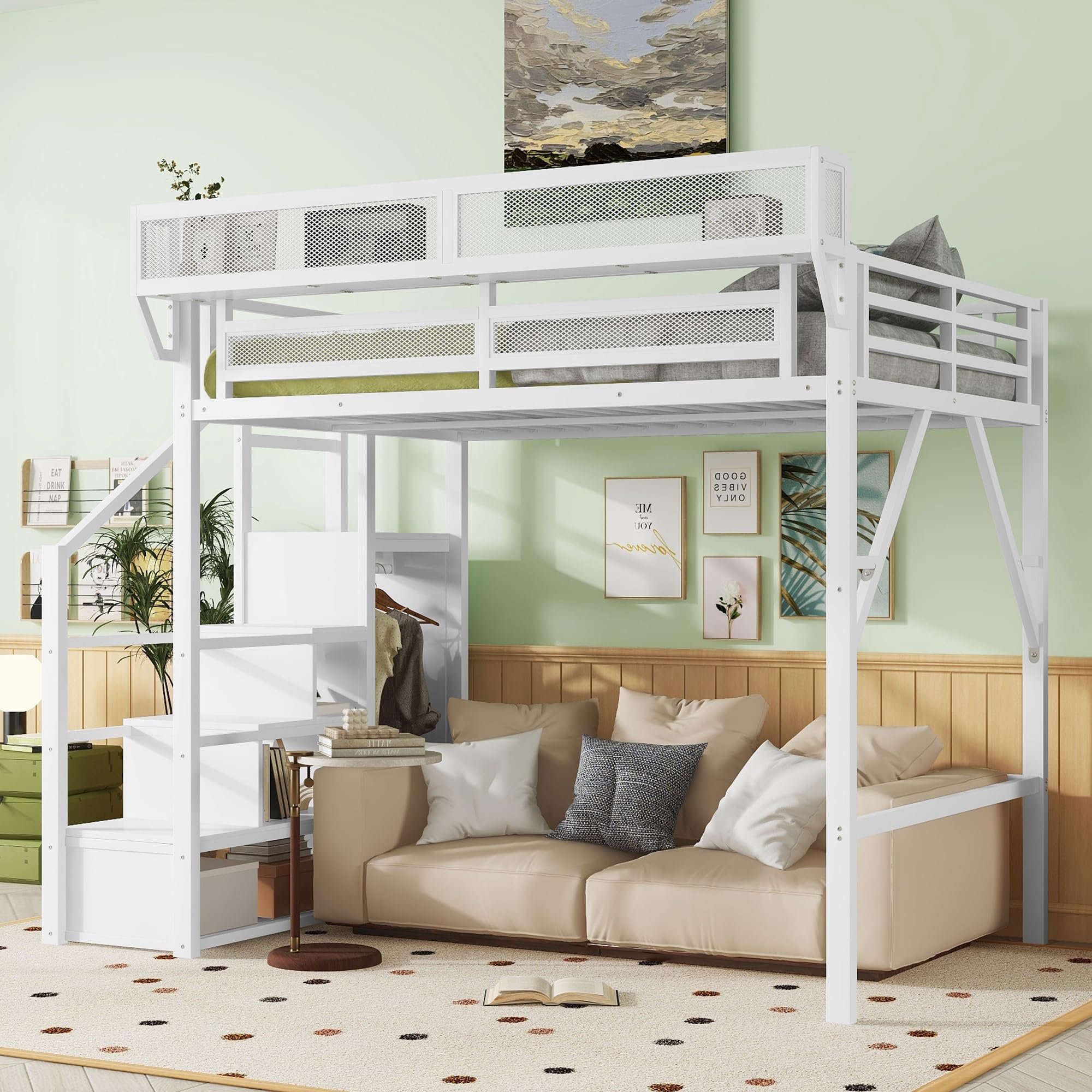 Full Size Loft Bed with Stairs and Storage, Metal Loft Bed Frame with Bedside Shelf and Large Under-Bed Space, Heavy-Duty Beds for Adults Teens and Kids, White