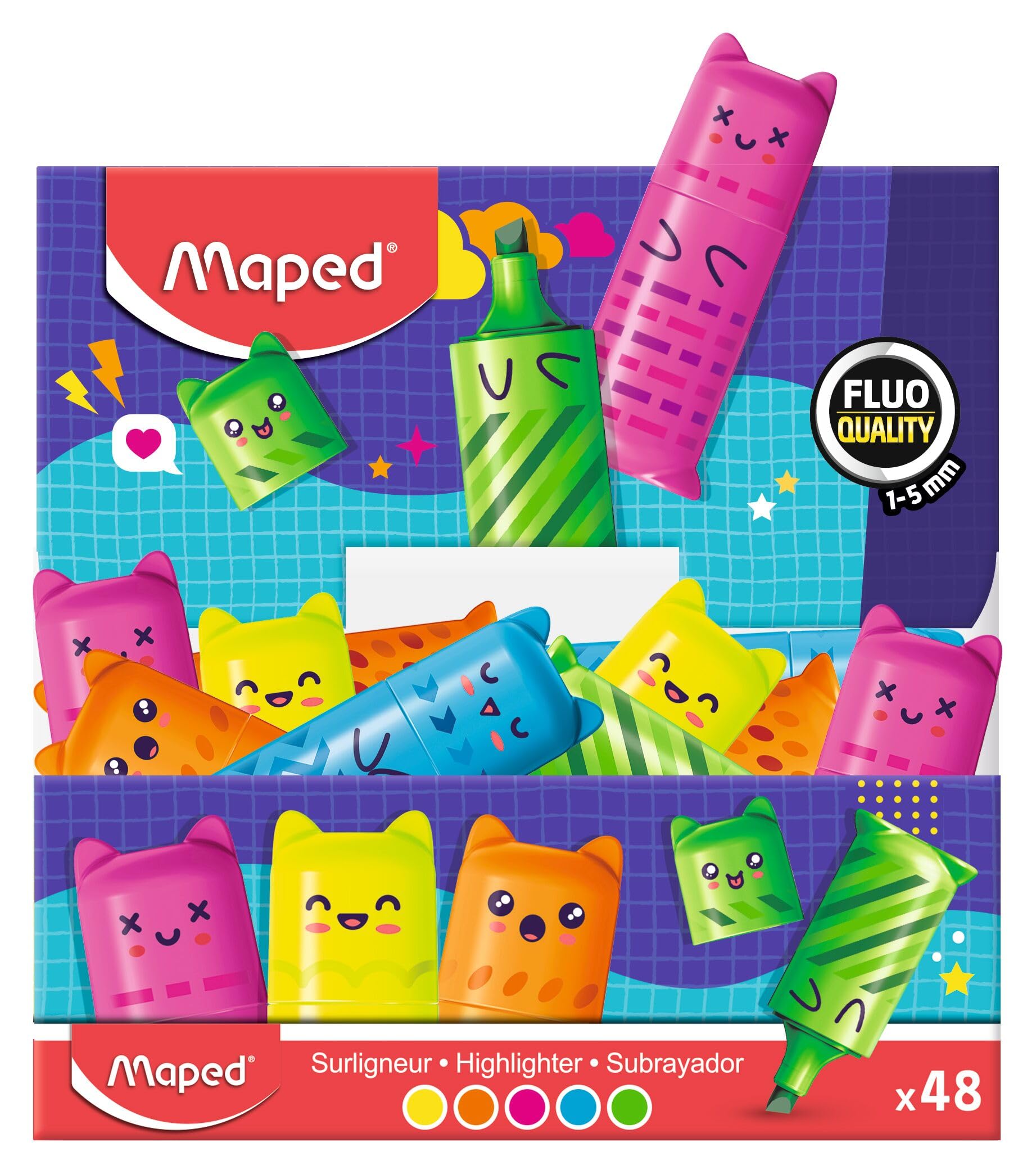 Maped - Mini-Neon-Textmarker – kompaktes Format und Kawaii-Charaktere – 5 auffällige Farben: Gelb, Orange, Pink, Grün und Blau