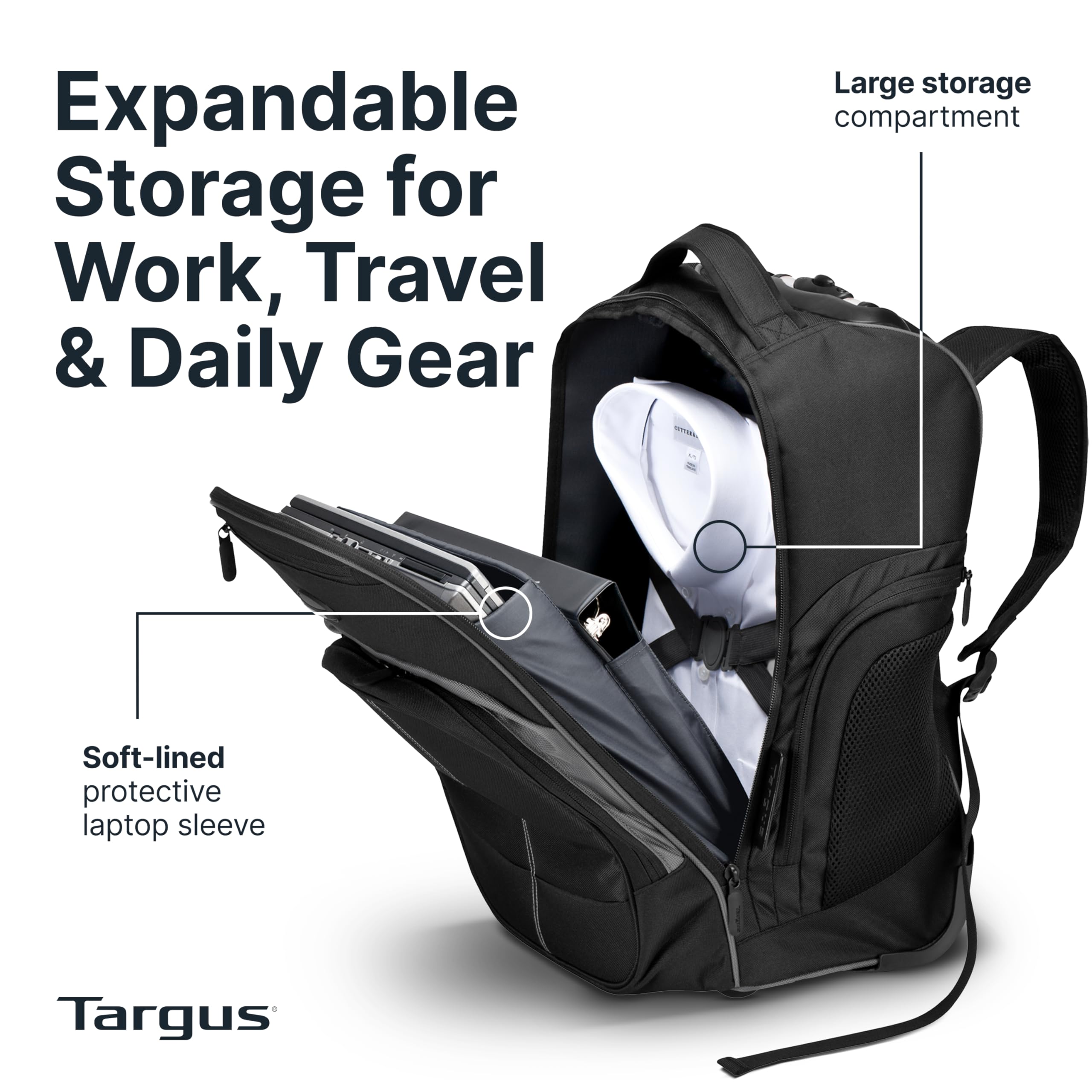 Targus Kompakter Roll-Rucksack für Business, College Student und Reise, Pendler, strapazierfähiges Material, Tablet-Tasche, abnehmbare Laptop-Schutzhülle für 16 Zoll Laptop, schwarz (TSB750US)