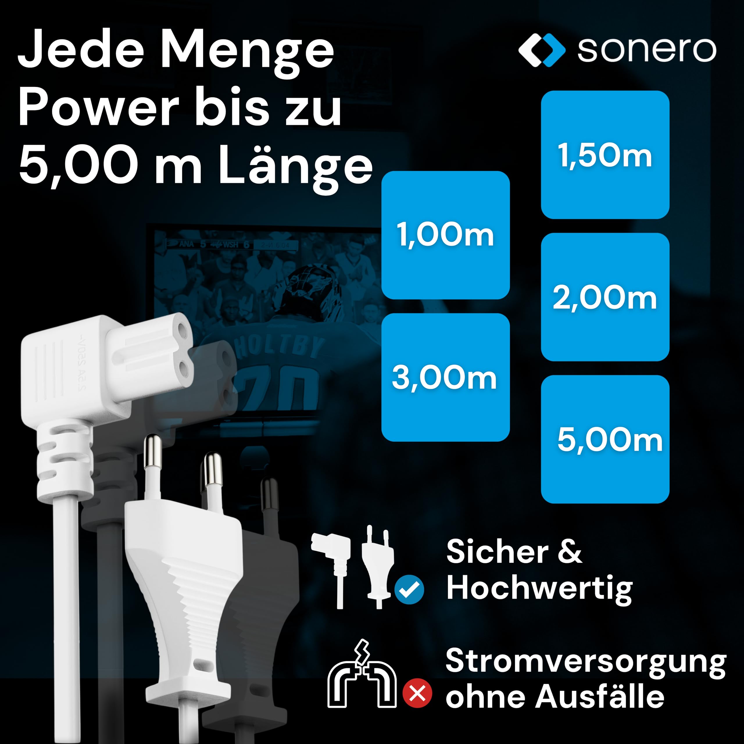 sonero Kabel zasilający, 2-biegunowy, 2 m, wtyczka euro typu C, wtyczka sieciowa do gniazda IEC C7 Euro 8, kąt 90°, zasilacz sieciowy do telewizora, PS5, PS4, PS3, urządzeń gospodarstwa domowego,
