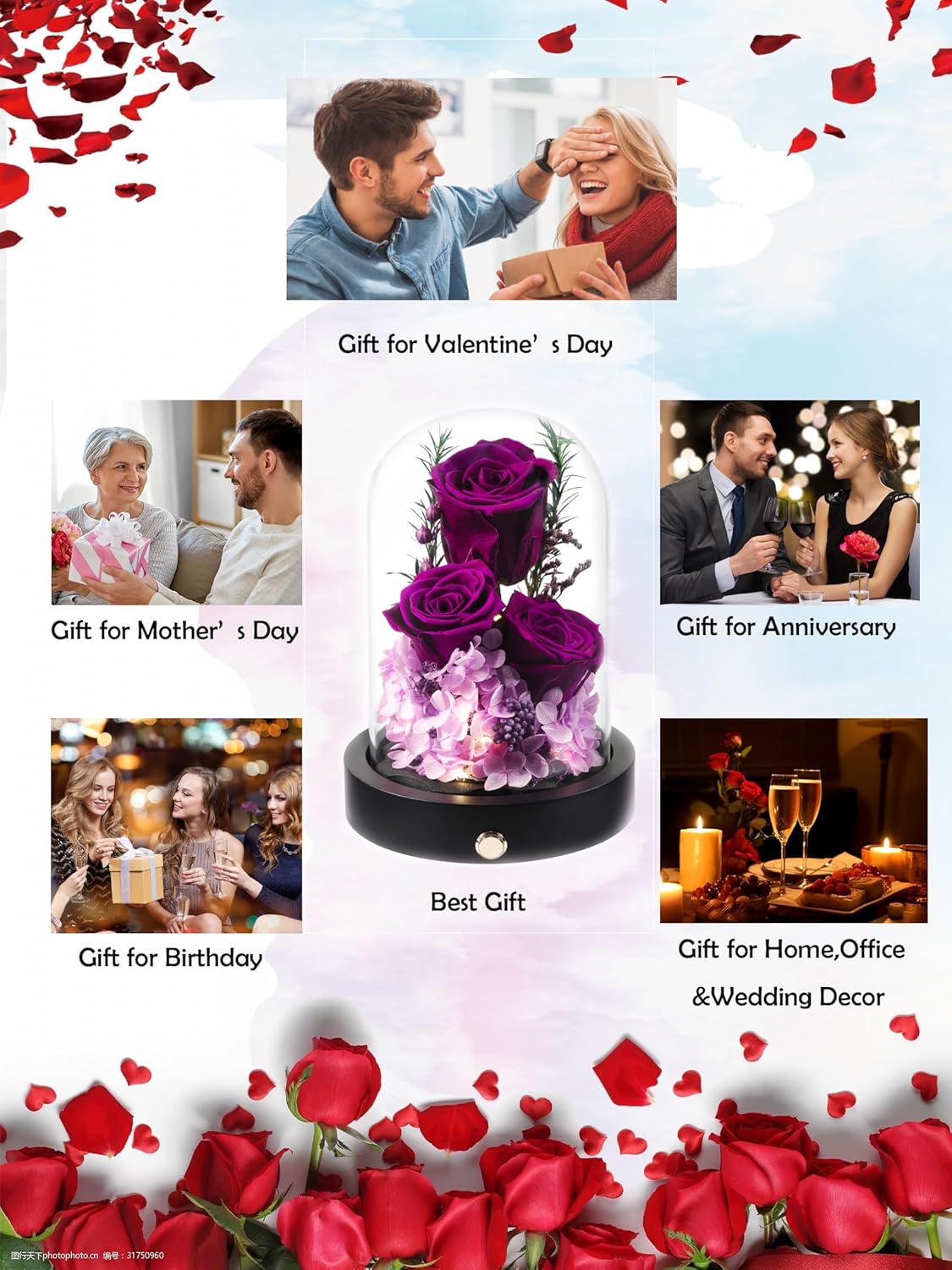 Flowers Gifts for Women, Preserved Roses in Glass Dome, Forever Flowers for Delivery Mothers Day Birthday Gifts for Mom Her Wife Girlfriend on Valentines Day Anniversary Purple - Image 5