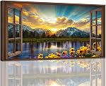 Large Canvas Wall Art for Living Room North Sea Beach in Gold Sunset Sunshine Wall Art Landscape Wall Decor Fake Windows Beach Theme Pictures for Living Room Bedroom Office Kitchen Stretched 60x120cm