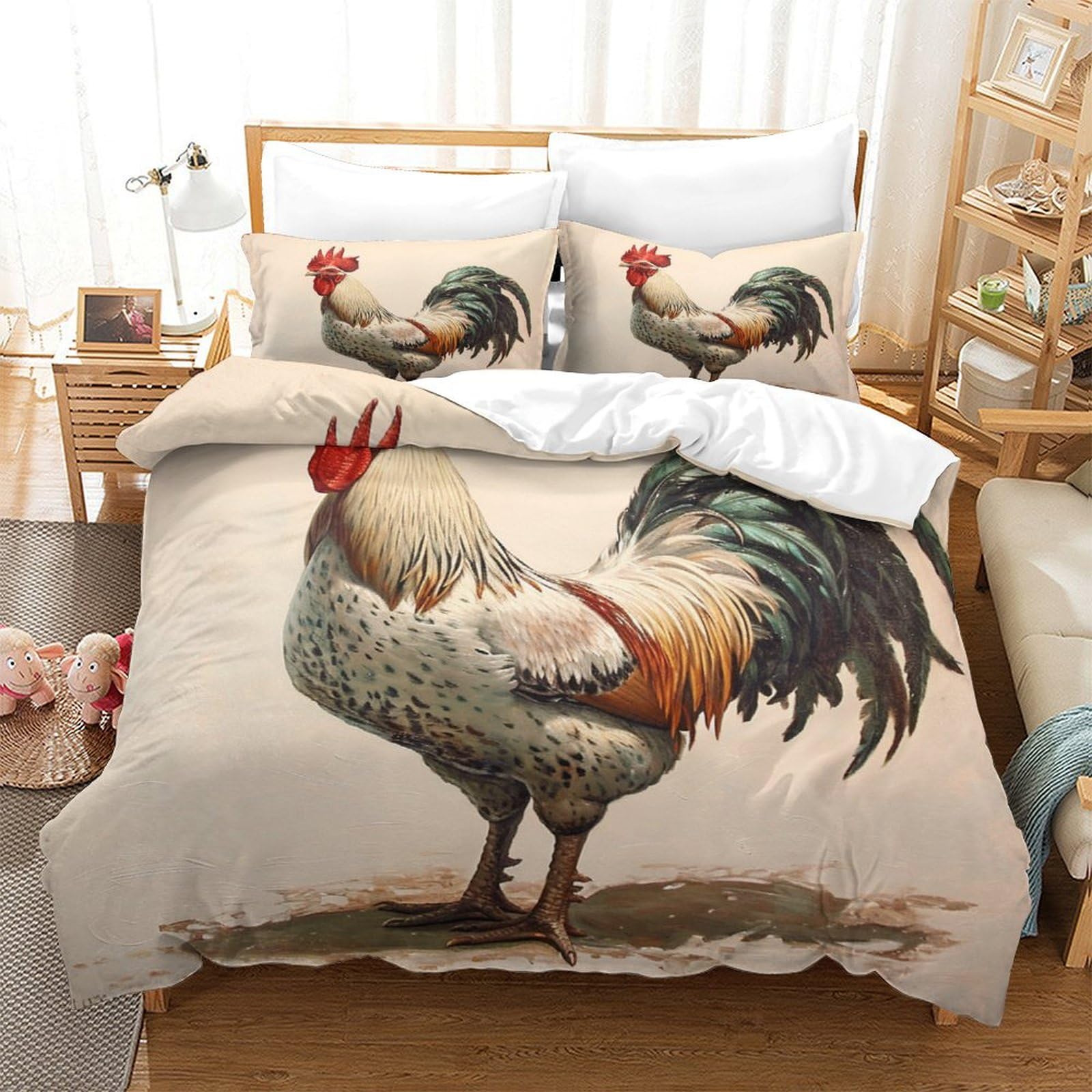 P1s9u7w5y Gallic Rooster-3 3D Printed Vintage Rooster Duvet Cover Set 3Pcs Microfiber Farmhouse Animal Bedding Set King（220X240cm）