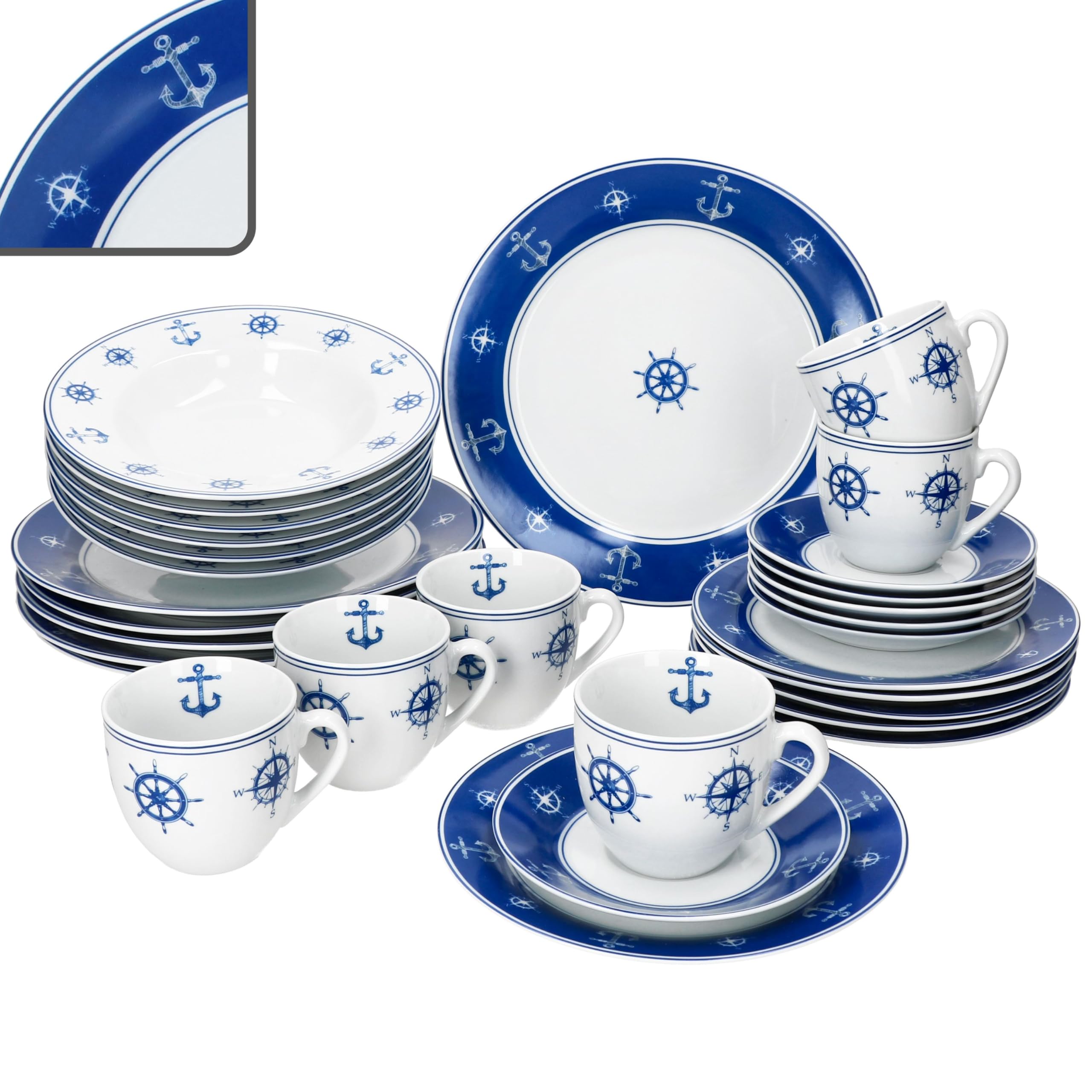 MamboCat Ahoi 30tlg Kombiservice I blau weißes Porzellan Geschirrset mit nautischem Dekor für 6 Personen I Je 6x Tassen, Untertassen, Kuchenteller, Suppenteller & Speiseteller