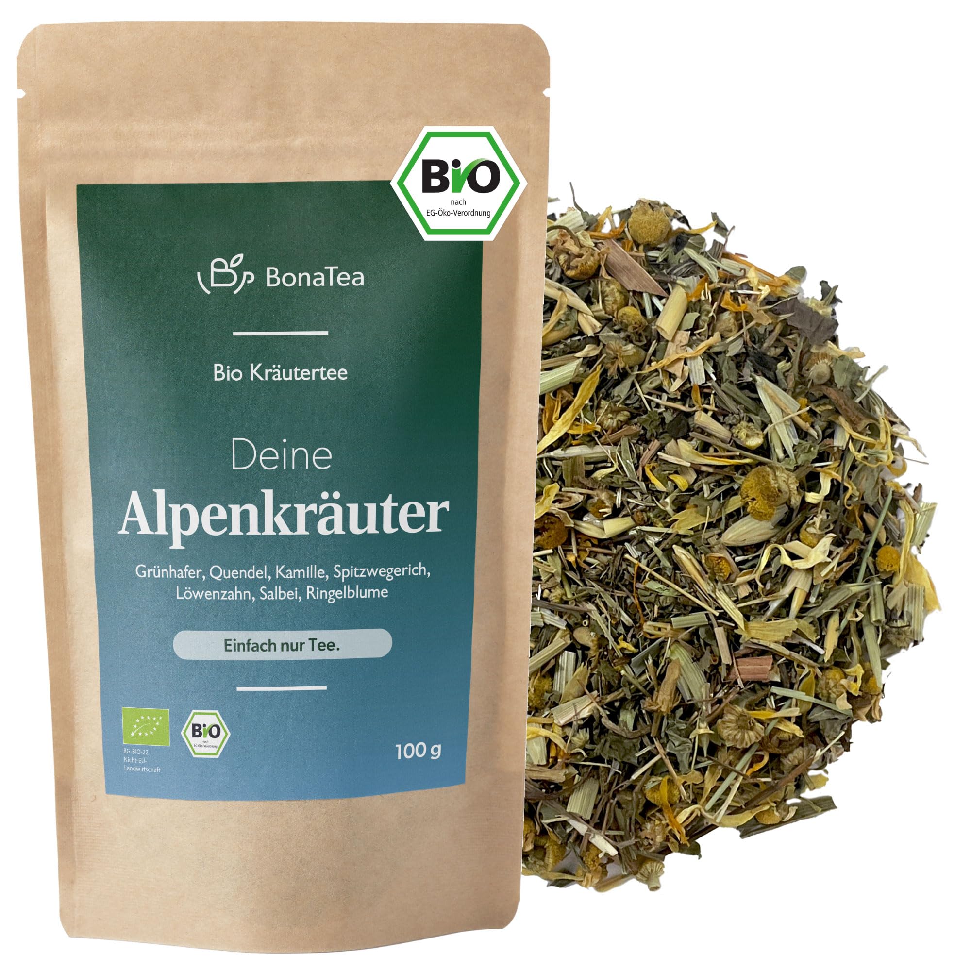 BIO Alpenkräuter Tee mit Kamillenblüten, Löwenzahn, Salbei und weiteren frischen Kräutern aus den Bergen - Lose Bergkräuter 100g