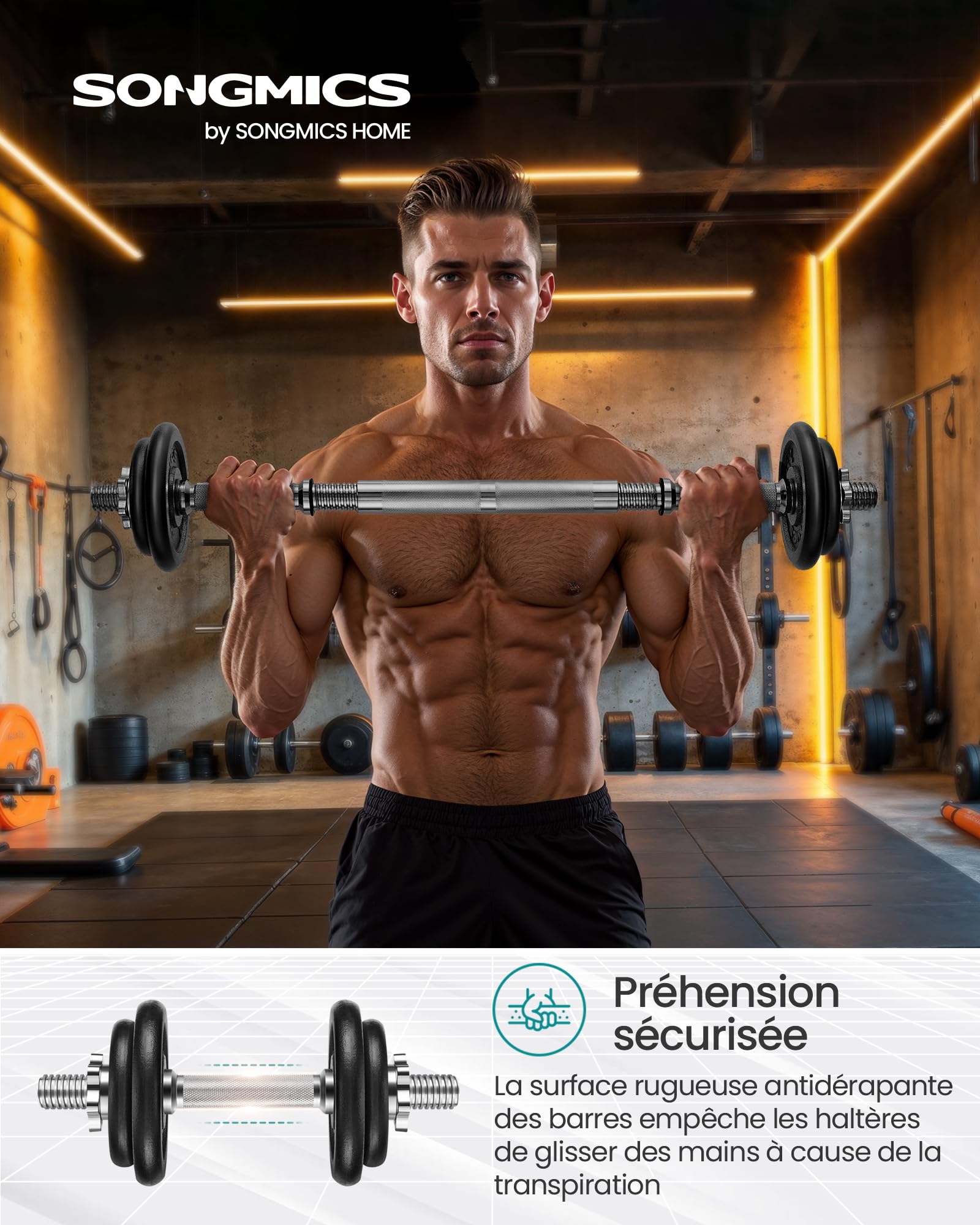 SONGMICS Kit haltères Musculation, avec Barre d’Extension, Poids Ajustable，pour Hommes et Femmes, Musculation, Prise de Masse à la Maison, 1 Paire
